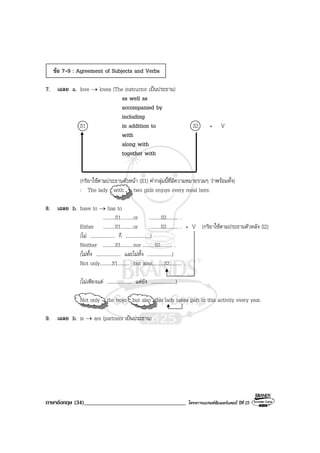 ภาษาอังกฤษ (34)___________________________________ โครงการแบรนดซัมเมอรแคมป ปที่ 25
ขอ 7-9 : Agreement of Subjects and Verbs
7. เฉลย a. love → loves (The instructor เปนประธาน)
as well as
accompanied by
including
S1 in addition to S2 + V
with
along with
together with
(กริยาใชตามประธานตัวหนา (S1) คํากลุมนี้ที่มีความหมายรวมๆ วาพรอมทั้ง)
: The lady with two girls enjoys every meal here.
8. เฉลย b. have to → has to
..........S1..........or ..........S2.......... .
Either ..........S1..........or ..........S2.......... . + V (กริยาใชตามประธานตัวหลัง S2)
(ไม .................... ก็ ....................)
Neither ..........S1..........nor ..........S2.......... .
(ไมทั้ง .................... และไมทั้ง ....................)
Not only..........S1.......... but also..........S2.......... .
(ไมเพียงแต .................... แตยัง ....................)
Not only the boys but also this lady takes part in this activity every year.
9. เฉลย b. is → are (partners เปนประธาน)
 