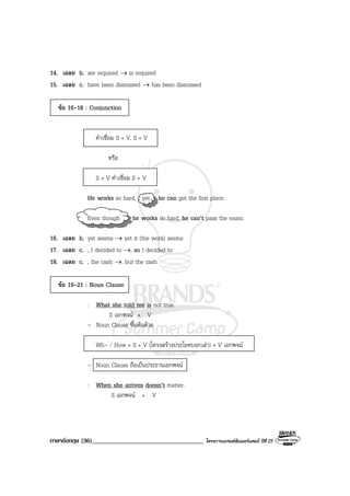 ภาษาอังกฤษ (36)___________________________________ โครงการแบรนดซัมเมอรแคมป ปที่ 25
14. เฉลย b. are required → is required
15. เฉลย c. have been dismissed → has been dismissed
ขอ 16-18 : Conjunction
คําเชื่อม S + V, S + V
หรือ
S + V คําเชื่อม S + V
He works so hard, yet he can get the first place.
Even though he works so hard, he can’t pass the exam.
16. เฉลย b. yet seems → yet it (the work) seems
17. เฉลย c. , I decided to →, so I decided to
18. เฉลย c. , the cash →, but the cash
ขอ 19-21 : Noun Clause
: What she told me is not true.
S เอกพจน + V
- Noun Clause ขึ้นตนดวย
Wh- / How + S + V (โครงสรางประโยคบอกเลา) + V เอกพจน
- Noun Clause ถือเปนประธานเอกพจน
: When she arrives doesn’t matter.
S เอกพจน + V
 