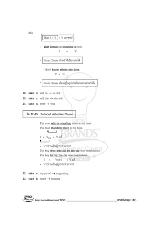 โครงการแบรนดซัมเมอรแคมป ปที่ 25 ___________________________________ภาษาอังกฤษ (37)
หรือ
That S + V + V เอกพจน
: That Somsri is beautiful is true.
S + V
- Noun Clause ทําหนาที่เปนกรรมได
I don’t know where she lives.
V + O
* Noun Clause ตองอยูในรูปประโยคบอกเลาเทานั้น
19. เฉลย d. will he → he will
20. เฉลย c. will she → she will
21. เฉลย d. were → was
ขอ 22-25 : Reduced Adjective Clause
The man who is standing there is my boss.
The man standing there is my boss.
S + Ving + V แท
= ประธานเปนผูกระทําอาการ
The boy who was hit by the car was hospitalized.
The boy hit by the car was hospitalized.
S + Ved/3 + V แท
= ประธานเปนผูถูกกระทําอาการ
22. เฉลย a. supported → supporting
23. เฉลย b. heard → hearing
 
