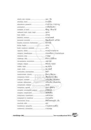 ภาษาอังกฤษ (60)___________________________________ โครงการแบรนดซัมเมอรแคมป ปที่ 25
attach, join, enclose..........................................แนบ / ติด
attention, heed....................................................ความใสใจ
attendance, presence........................................การเขารวม, การปรากฏ
automation...........................................................การใชเครื่องจักร
available, at hand...............................................ที่มีอยู / ที่หามาได
awkward, inert, inept, inapt............................งุมงาม
beat, defeat..........................................................เอาชนะ
behavior, conduct..............................................ความประพฤติ
bereaved, mournful ..........................................ที่สูญเสียคนรัก, เศราโศก
besides, moreover, furthermore ....................ยิ่งกวานั้น
brittle, fragile.......................................................เปราะ
build, construct, establish................................สราง
capacity, ability..................................................ความจุ, ความสามารถ
category, classification.....................................ประเภทที่แบง, การแบงประเภท
cessation, stop....................................................การหยุด
challenge, defy....................................................ทาทาย, ยั่วใหโกรธ
circumstance, occurrence................................เหตุการณ
collapse, relapse.................................................พังทลาย, ทรุดลง
collide, clash........................................................ชน, ชนกัน
crash, crush.........................................................ชน, บดขยี้
commodity, merchandise.................................สินคา
communicate, convey.......................................สื่อสาร, สื่อความ
companion, friend..............................................เพื่อนรวมทาง, เพื่อน
compare, correlate ............................................เปรียบเทียบ (สิ่งเหมือน)
contrast, differentiate ......................................เปรียบเทียบ (สิ่งแตกตาง)
compensate, redeem .......................................ชดเชย
competitor, oppose ..........................................คูแขง, ผูคัดคาน
complete, accomplish, achieve .....................ทําใหสําเร็จ
complex, complicated.......................................สลับซับซอน
component, constituent....................................องคประกอบ
composed of, constitute .................................ประกอบดวย
concentrate, focus..............................................มีจิตใจจดจออยูกับ, เนน
conclude, infer....................................................สรุป
condolence, sympathy......................................การแสดงความเสียใจ
conference, convention....................................การประชุม
 