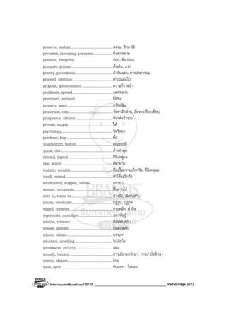 โครงการแบรนดซัมเมอรแคมป ปที่ 25 ___________________________________ภาษาอังกฤษ (67)
preserve, sustain................................................สงวน, รักษาไว
prevalent, prevailing, pervasive......................ที่แพรหลาย
previous, foregoing............................................กอน, ที่มากอน
primitive, primary...............................................ดั้งเดิม, แรก
priority, precedence...........................................ลําดับแรก, การนํามากอน
proceed, continue..............................................ดําเนินตอไป
progress, advancement....................................ความกาวหนา
proliferate, spread..............................................แพรหลาย
prominent, eminent...........................................ที่มีชื่อ
property, asset....................................................ทรัพยสิน
proportion, ratio..................................................จัดหาสัดสวน, อัตราเปรียบเทียบ
prosperous, affluent...........................................ที่มั่งคั่งร่ํารวย
provide, supply...................................................ให
psychology...........................................................จิตวิทยา
purchase, buy .....................................................ซื้อ
qualification, feature..........................................คุณสมบัติ
quote, cite............................................................อางคําพูด
rational, logical...................................................ที่มีเหตุผล
rare, scarce..........................................................ที่หายาก
realistic, sensible................................................ที่อยูในความเปนจริง, ที่มีเหตุผล
recall, remind......................................................ทําใหระลึกถึง
recommend, suggest, advise..........................แนะนํา
recover, recuperate............................................ฟนจากไข
refer to, relate to................................................อางถึง, สัมพันธกับ
reform, revolution...............................................ปฏิรูป, ปฏิวัติ
regard, consider..................................................ตระหนัก, คํานึง
regenerate, reproduce.......................................แพรพันธุ
relative, relevant.................................................ที่สัมพันธกัน
release, liberate ..................................................ปลดปลอย
relieve, release....................................................บรรเทา
reluctant, unwilling............................................ไมเต็มใจ
remarkable, striking...........................................เดน
remedy, therapy.................................................การเยียวยารักษา, การบําบัดรักษา
remote, distant....................................................ไกล
repel, eject...........................................................ขับออก / ไลออก
 