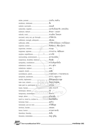 โครงการแบรนดซัมเมอรแคมป ปที่ 25 ___________________________________ภาษาอังกฤษ (69)
strike, protest......................................................ประทวง, ตอตาน
stubborn, obstinate............................................ดื้อ
submit, succumb................................................ยอมแพ
subscribe, register..............................................บอกรับเปนสมาชิก, ลงทะเบียน
subtract, deduct.................................................หักออก / ลบออก
suburb, rural........................................................ชานเมือง, ในชนบท
succeed, carry out, go through......................ทําใหสําเร็จ
sufficient, enough, adequate...........................เพียงพอ
suffocate, stifle....................................................ทําใหหายใจไมออก, หายใจไมออก
superior, senior...................................................ที่เหนือกวา, ที่มีอาวุโสกวา
supervise, oversee..............................................ควบคุม
suppress, oppress...............................................ปราบปราม, กดขี่ขมเหง
surplus, superfluous...........................................มากเกิน
surrounding, environment................................สภาพแวดลอม
suspicious, doubtful, dubious.........................ที่สงสัย
sympathy, condolence......................................ความเห็นอกเห็นใจ
substance, matter..............................................สาร, สสาร
substitute, replace.............................................แทน
suspect, doubt....................................................สงสัย
surveillance, patrol.............................................การตรวจตรา, การลาดตระเวน
symptom, syndrome..........................................อาการ, กลุมอาการ
tactful, diplomatic..............................................ที่มีลักษณะนักการทูต
take over, inherit................................................รับชวง, สืบทอด
take part in, participate in..............................เขารวม
tease, harass........................................................แหย, ตามราวี
technique, device...............................................วิธี
temporary, momentary.....................................ชั่วคราว
tempt, allure........................................................เยายวนใจ
tend to, trend to, incline to.............................มีแนวโนมที่จะ
terminal, final......................................................สุดทาย
terminate, put an end.......................................ทําใหสิ้นสุด
territory, border...................................................เขตแดน
terror, horror........................................................ความหวาดกลัว
therefore, thereby...............................................ดังนั้น
threaten, intimidate...........................................ขมขู, ขูเข็ญ
 