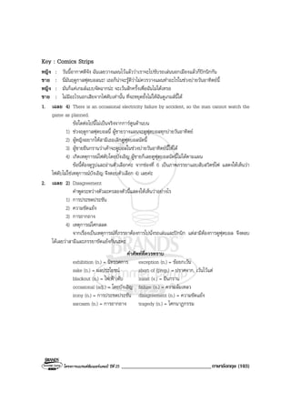 โครงการแบรนดซัมเมอรแคมป ปที่ 25 __________________________________ภาษาอังกฤษ (103)
Key : Comics Strips
หญิง : วันนี้อากาศดีจัง ฉันเลยวางแผนไวแลววาเราจะไปขับรถเลนนอกเมืองแลวก็ปกนิกกัน
ชาย : นี่มันฤดูกาลฟุตบอลนะ! เธอก็นาจะรูดีวาไมควรวางแผนทําอะไรในชวงบายวันอาทิตยนี้
หญิง : มันก็แคเกมสแบบจัดฉากนะ จะเวนสักครั้งเพื่อฉันไมไดเหรอ
ชาย : ไมมีอะไรนอกเสียจากไฟดับเทานั้น ที่จะหยุดยั้งไมใหฉันดูเกมสนี้ได
1. เฉลย 4) There is an occasional electricity failure by accident, so the man cannot watch the
game as planned.
ขอใดตอไปนี้ไมเปนจริงจากการตูนดานบน
1) ชวงฤดูกาลฟุตบอลนี้ ผูชายวางแผนจะดูฟุตบอลทุกบายวันอาทิตย
2) ผูหญิงอยากใหสามีเธอเลิกดูฟุตบอลนัดนี้
3) ผูชายยืนกรานวาเคาจะดูบอลในชวงบายวันอาทิตยนี้ใหได
4) เกิดเหตุการณไฟดับโดยบังเอิญ ผูชายก็เลยดูฟุตบอลนัดนี้ไมไดตามแผน
ขอนี้ตองดูรูปและอานตัวเลือกคะ จากชองที่ 6 เปนภาพภรรยาแอบสับสวิตชไฟ แสดงใหเห็นวา
ไฟดับไมใชเหตุการณบังเอิญ จึงตอบตัวเลือก 4) เลยคะ
2. เฉลย 2) Disagreement
คําพูดระหวางตัวละครสองตัวนี้แสดงใหเห็นวาอยางไร
1) การประชดประชัน
2) ความขัดแยง
3) การถากถาง
4) เหตุการณโศกสลด
จากเรื่องเปนเหตุการณที่ภรรยาตองการไปนั่งรถเลนและปกนิก แตสามีตองการดูฟุตบอล จึงตอบ
ไดเลยวาสามีและภรรยาขัดแยงกันนะคะ
คําศัพทที่ควรทราบ
exhibition (n.) = นิทรรศการ exception (n.) = ขอยกเวน
sake (n.) = ผลประโยชน short of (prep.) = ปราศจาก, เวนไวแต
blackout (n.) = ไฟ(ฟา)ดับ insist (v.) = ยืนกราน
occasional (adj.) = โดยบังเอิญ failure (n.) = ความลมเหลว
irony (n.) = การประชดประชัน disagreement (n.) = ความขัดแยง
sarcasm (n.) = การถากถาง tragedy (n.) = โศกนาฏกรรม
 