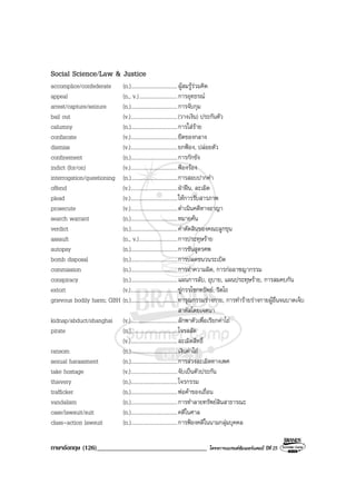 ภาษาอังกฤษ (126)__________________________________ โครงการแบรนดซัมเมอรแคมป ปที่ 25
Social Science/Law & Justice
accomplice/confederate (n.)..................................ผูสมรูรวมคิด
appeal (n., v.)............................การอุทธรณ
arrest/capture/seizure (n.)..................................การจับกุม
bail out (v.)..................................(วางเงิน) ประกันตัว
calumny (n.)..................................การใสราย
confiscate (v.)..................................ยึดของกลาง
dismiss (v.)..................................ยกฟอง, ปลอยตัว
confinement (n.)..................................การกักขัง
indict (for/on) (v.)..................................ฟองรอง
interrogation/questioning (n.)..................................การสอบปากคํา
offend (v.)..................................ฝาฝน, ละเมิด
plead (v.)..................................ใหการรับสารภาพ
prosecute (v.)..................................ดําเนินคดีทางอาญา
search warrant (n.)..................................หมายคน
verdict (n.)..................................คําตัดสินของคณะลูกขุน
assault (n., v.)............................การประทุษราย
autopsy (n.)..................................การชันสูตรศพ
bomb disposal (n.)..................................การปลดชนวนระเบิด
commission (n.)..................................การทําความผิด, การกออาชญากรรม
conspiracy (n.)..................................แผนการลับ, อุบาย, แผนประทุษราย, การสมคบกัน
extort (v.)..................................ขูกรรโชกทรัพย, รีดไถ
grievous bodily harm; GBH (n.)..................................ทารุณกรรมรางกาย, การทํารายรางกายผูอื่นจนบาดเจ็บ
สาหัสโดยเจตนา
kidnap/abduct/shanghai (v.)..................................ลักพาตัวเพื่อเรียกคาไถ
pirate (n.)..................................โจรสลัด
(v.)..................................ละเมิดสิทธิ์
ransom (n.)..................................เงินคาไถ
sexual harassment (n.)..................................การลวงละเมิดทางเพศ
take hostage (v.)..................................จับเปนตัวประกัน
thievery (n.)..................................โจรกรรม
trafficker (n.)..................................พอคาของเถื่อน
vandalism (n.)..................................การทําลายทรัพยสินสาธารณะ
case/lawsuit/suit (n.)..................................คดีในศาล
class-action lawsuit (n.)..................................การฟองคดีในนามกลุมบุคคล
 