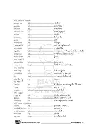โครงการแบรนดซัมเมอรแคมป ปที่ 25 __________________________________ภาษาอังกฤษ (135)
syn : earnings, revenue
income tax (n)...............................................................ภาษีเงินได
industry (n)...............................................................อุตสาหกรรม
inflation (n)...............................................................ภาวะเงินเฟอ
infrastructure (n)...............................................................โครงสรางมูลฐาน
interest (n)...............................................................ดอกเบี้ย
inventory (n)...............................................................สินคาคงคลัง
invest (v)...............................................................ลงทุน
investment (n)...............................................................การลงทุน
Laissez-faire (n)...............................................................นโยบายเศรษฐกิจแบบเสรี
land reform (n)...............................................................การปฏิรูปที่ดิน
liquidity (n)...............................................................สภาพคลองทางการเงิน, ภาวะที่มีเงินสดอยูในมือ
living wage (n)...............................................................คาจางที่พอแคเลี้ยงปากเลี้ยงทอง
manufacturer (n)...............................................................ผูผลิต
syn : producer
market share (n)...............................................................สวนแบงตลาด
monetary (adj.)...........................................................เกี่ยวกับเงินตรา, ทางการเงิน
syn : financial
monopoly (n)...............................................................การคาแบบผูกขาด
multilateral (adj.)...........................................................(สัญญา) พหุภาคี, หลายฝาย
net (adj.)...........................................................(กําไร, รายได) ที่เปนผลสุทธิ
note (Br)
bill (Am)
pay off (v)...............................................................ชําระทั้งหมด , จายชดเชยลูกจาง, ใหลาออก
policy (n)...............................................................นโยบาย
product (n)...............................................................ผลิตภัณฑ, สินคา
syn : output
property (n)...............................................................ทรัพยสิน, อสังหาริมทรัพย
quarter (n)...............................................................ไตรมาส, ระยะเวลา 3 เดือน
recession (n)...............................................................ภาวะเศรษฐกิจถดถอย, ซบเซา
syn : slump, depression
reserve (n)...............................................................ทุนสํารอง, เงินคงคลัง
smuggled goods (n)...............................................................สินคาหนีภาษี
social insurance (n)...............................................................การประกันสังคม
speculate (v)...............................................................เก็งกําไร
stagnant (adj.)...........................................................(เศรษฐกิจ) ชะงักงัน
(n)..............................................................ธนบัตร
 