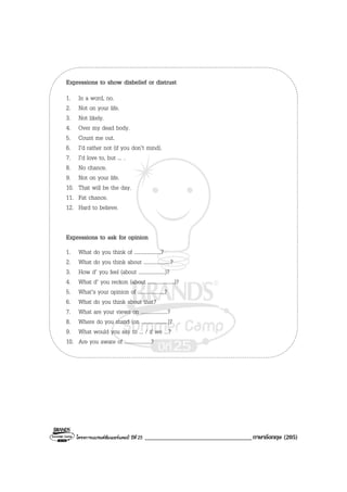 โครงการแบรนดซัมเมอรแคมป ปที่ 25 __________________________________ภาษาอังกฤษ (205)
Expressions to show disbelief or distrust
1. In a word, no.
2. Not on your life.
3. Not likely.
4. Over my dead body.
5. Count me out.
6. I’d rather not (if you don’t mind).
7. I’d love to, but ... .
8. No chance.
9. Not on your life.
10. That will be the day.
11. Fat chance.
12. Hard to believe.
Expressions to ask for opinion
1. What do you think of ....................?
2. What do you think about ....................?
3. How d’ you feel (about ....................)?
4. What d’ you reckon (about ....................)?
5. What’s your opinion of ....................?
6. What do you think about that?
7. What are your views on ....................?
8. Where do you stand (on ....................)?
9. What would you say to ... / if we ...?
10. Are you aware of ....................?
 