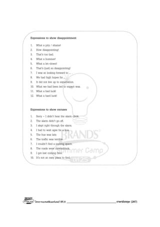 โครงการแบรนดซัมเมอรแคมป ปที่ 25 __________________________________ภาษาอังกฤษ (207)
Expressions to show disappointment
1. What a pity / shame!
2. How disappointing!
3. That’s too bad.
4. What a bummer!
5. What a let-down!
6. That’s (just) so disappointing!
7. I was so looking forward to ... .
8. We had high hopes for ... .
9. It did not live up to expectation.
10. What we had been led to expect was.
11. What a bad luck!
12. What a hard luck!
Expressions to show excuses
1. Sorry - I didn’t hear the alarm clock.
2. The alarm didn’t go off.
3. I slept right through the alarm.
4. I had to wait ages for a bus.
5. The bus was late.
6. The traffic was terrible.
7. I couldn’t find a parking space.
8. The roads were chockablock.
9. I got lost coming here.
10. It’s not an easy place to find.
 