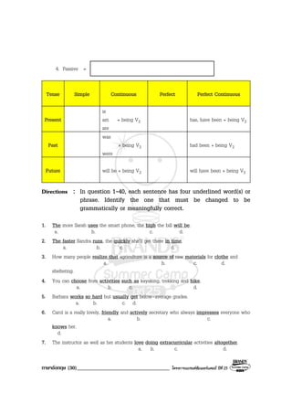 ภาษาอังกฤษ (30)___________________________________ โครงการแบรนดซัมเมอรแคมป ปที่ 25
4. Passive =
Tense Simple Continuous Perfect Perfect Continuous
Present
is
am + being V3
are
has, have been + being V3
Past
was
+ being V3
were
had been + being V3
Future will be + being V3 will have been + being V3
Directions : In question 1-40, each sentence has four underlined word(s) or
phrase. Identify the one that must be changed to be
grammatically or meaningfully correct.
1. The more Sarah uses the smart phone, the high the bill will be.
a. b. c. d.
2. The faster Sandra runs, the quickly she’ll get there in time.
a. b. c. d.
3. How many people realize that agriculture is a source of raw materials for clothe and
a. b. c. d.
sheltering.
4. You can choose from activities such as kayaking, trekking and hike.
a. b. c. d.
5. Barbara works so hard but usually get below-average grades.
a. b. c. d.
6. Carol is a really lovely, friendly and actively secretary who always impresses everyone who
a. b. c.
knows her.
d.
7. The instructor as well as her students love doing extracurricular activities altogether.
a. b. c. d.
 