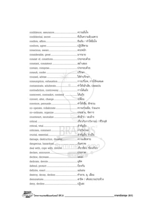 โครงการแบรนดซัมเมอรแคมป ปที่ 25 ___________________________________ภาษาอังกฤษ (61)
confidence, assurance.......................................ความมั่นใจ
confidential, secret............................................ที่เปนความลับเฉพาะ
confirm, affirm.....................................................ยืนยัน / ทําใหมั่นใจ
conform, agree....................................................ปฏิบัติตาม
conscious, aware................................................ตระหนัก
considerable, great............................................มากมาย
consist of, constitute.........................................ประกอบดวย
constant, consistent..........................................สม่ําเสมอ
contain, comprise...............................................ประกอบดวย
consult, confer....................................................ปรึกษา
counsel, advise...................................................ใหคําปรึกษา
consumption, exhaustion.................................การบริโภค, การใชจนหมด
contaminate, adulterate....................................ทําใหเนาเสีย, ปลอมปน
contradiction, controversy...............................การโตแยง
controvert, contradict, contend ....................โตแยง
convert, alter, change.......................................เปลี่ยน
convince, persuade............................................ทําใหเชื่อ, ชักชวน
co-operate, collaborate....................................ความรวมมือ, รวมแรง
co-ordinate, organize.......................................ประสาน, จัดการ
counteract, neutralize.......................................หักลาง / ลบลาง
critical...................................................................เกี่ยวกับการวิจารณ / ที่วิกฤติ
critical, vital.........................................................สําคัญยิ่ง
criticism, comment............................................การวิจารณ
crucial, essential.................................................สําคัญยิ่ง, จําเปน
damage, destruction, disaster.........................ความเสียหาย
dangerous, hazardous.......................................อันตราย
deal with, cope with, involve.........................เกี่ยวของ, ของเกี่ยว
declare, announce..............................................ประกาศ
decline, decrease................................................ลดลง
dedicate, devote.................................................อุทิศ
defend, protect...................................................ปองกัน
definite, exact.....................................................แนนอน
destroy, decay, decline.....................................ทําลาย, ผุ, เสื่อม
demonstrate.........................................................สาธิต / เดินขบวนประทวง
deny, decline.......................................................ปฏิเสธ
 