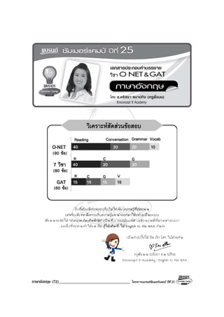 ภาษาอังกฤษ (72)___________________________________ โครงการแบรนดซัมเมอรแคมป ปที่ 25
สิ่งที่ตองมีกอนสอบจึงไมใชเพียงความรูที่อัดแนน
แตตองมีเทคนิคการเก็บความรูและนําออกมาใชอยางเปนระบบ
พี่แนนขอจัดให “อังกฤษเขมเต็มพิกัด” เปนที่ 1 ของประเทศ เหมือนรุนพี่ที่ผานมาของเรา
...และสิ่งที่ทุกคนทําไดแน คือ สูใหเต็มที่ ให English to the MAX กันคะ
เปนกําลังใจให อึด ถึก โฮก ไปดวยกัน
ครูพี่แนน (อริสรา ธนาปกิจ)
Enconcept E-Academy : English to the MAX
 
