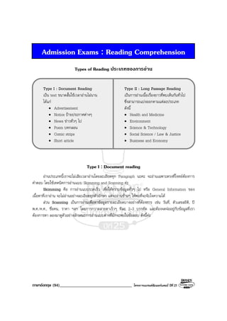 ภาษาอังกฤษ (94)___________________________________ โครงการแบรนดซัมเมอรแคมป ปที่ 25
Admission Exams : Reading Comprehension
Types of Reading ประเภทของการอาน
Type I : Document Reading Type II : Long Passage Reading
เปน text ขนาดสั้นใชเวลาอานไมนาน เปนการอานเนื้อเรื่องยาวที่พบเห็นกันทั่วไป
ไดแก ซึ่งสามารถแบงออกตามแตละประเภท
• Advertisement ดังนี้
• Notice ปายประกาศตางๆ • Health and Medicine
• News ขาวทั่วๆ ไป • Environment
• Poem บทกลอน • Science & Technology
• Comic strips • Social Science / Law & Justice
• Short article • Business and Economy
Type I : Document reading
อานประเภทนี้เราจะไมเสียเวลาอานโดยละเอียดทุก Paragraph นะคะ จะอานเฉพาะตรงที่โจทยตองการ
คําตอบ โดยใชเทคนิคการอานแบบ Skimming and Scanning คะ
Skimming คือ การอานแบบรวดเร็ว เพื่อใหทราบขอมูลทั่วๆ ไป หรือ General Information ของ
เนื้อหาที่เราอาน จะไมอานอยางละเอียดทุกตัวอักษร แตจะอานขามๆ ใหพอที่จะจับใจความได
สวน Scanning เปนการอานเพื่อหาขอมูลรายละเอียดบางอยางที่ตองการ เชน วันที่, ตัวเลขสถิติ, ป
พ.ศ./ค.ศ., ชื่อคน, ราคา ฯลฯ โดยการกวาดสายตาเร็วๆ ทีละ 2–3 บรรทัด และตองจดจออยูกับขอมูลที่เรา
ตองการหา ลองมาดูตัวอยางลักษณะการอานแบบตางที่มักจะพบในขอสอบ ดังนี้คะ
 