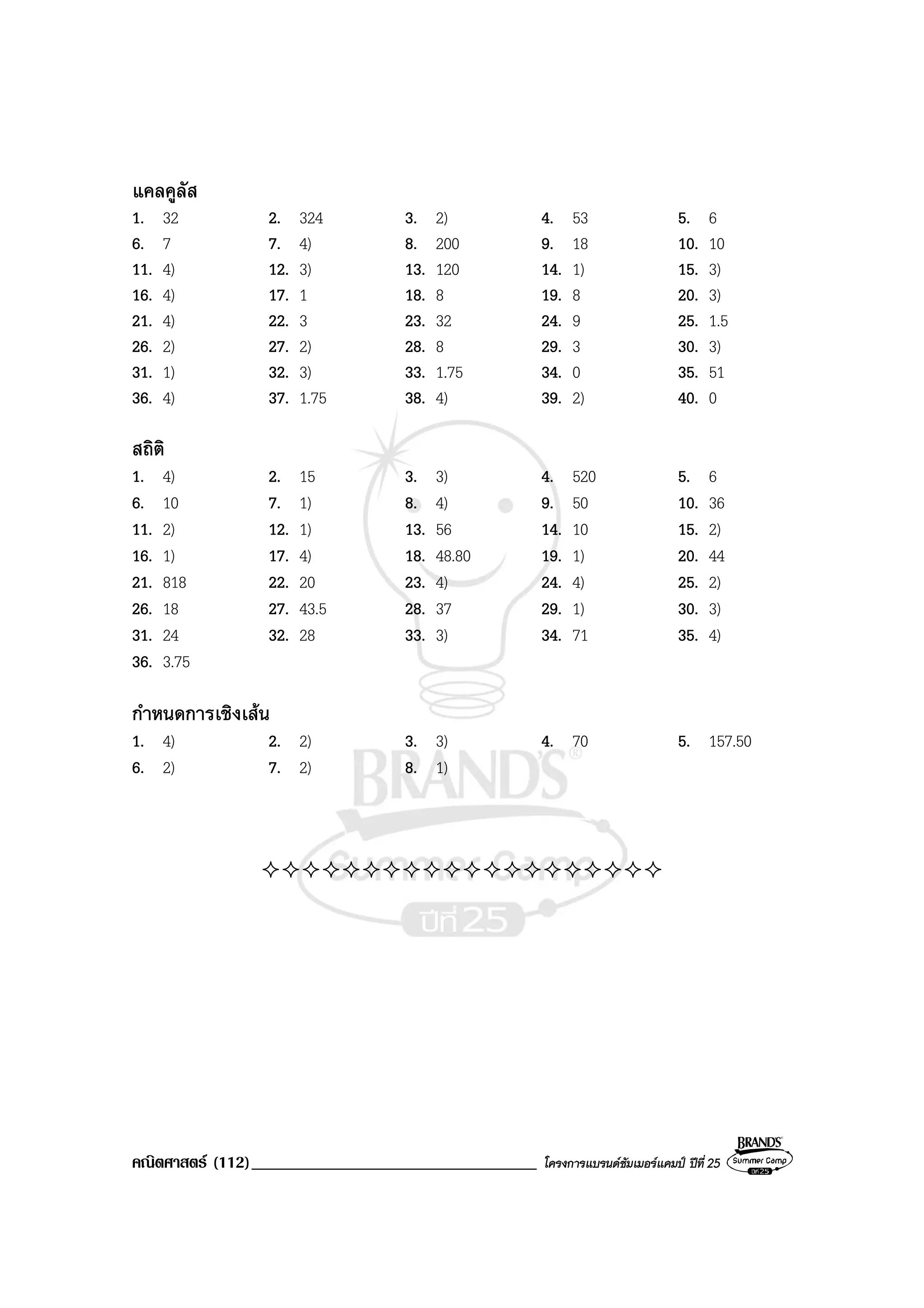 คณิตศาสตร (112)__________________________________ โครงการแบรนดซัมเมอรแคมป ปที่ 25
แคลคูลัส
1. 32 2. 324 3. 2) 4. 53 5. 6
6. 7 7. 4) 8. 200 9. 18 10. 10
11. 4) 12. 3) 13. 120 14. 1) 15. 3)
16. 4) 17. 1 18. 8 19. 8 20. 3)
21. 4) 22. 3 23. 32 24. 9 25. 1.5
26. 2) 27. 2) 28. 8 29. 3 30. 3)
31. 1) 32. 3) 33. 1.75 34. 0 35. 51
36. 4) 37. 1.75 38. 4) 39. 2) 40. 0
สถิติ
1. 4) 2. 15 3. 3) 4. 520 5. 6
6. 10 7. 1) 8. 4) 9. 50 10. 36
11. 2) 12. 1) 13. 56 14. 10 15. 2)
16. 1) 17. 4) 18. 48.80 19. 1) 20. 44
21. 818 22. 20 23. 4) 24. 4) 25. 2)
26. 18 27. 43.5 28. 37 29. 1) 30. 3)
31. 24 32. 28 33. 3) 34. 71 35. 4)
36. 3.75
กําหนดการเชิงเสน
1. 4) 2. 2) 3. 3) 4. 70 5. 157.50
6. 2) 7. 2) 8. 1)
 