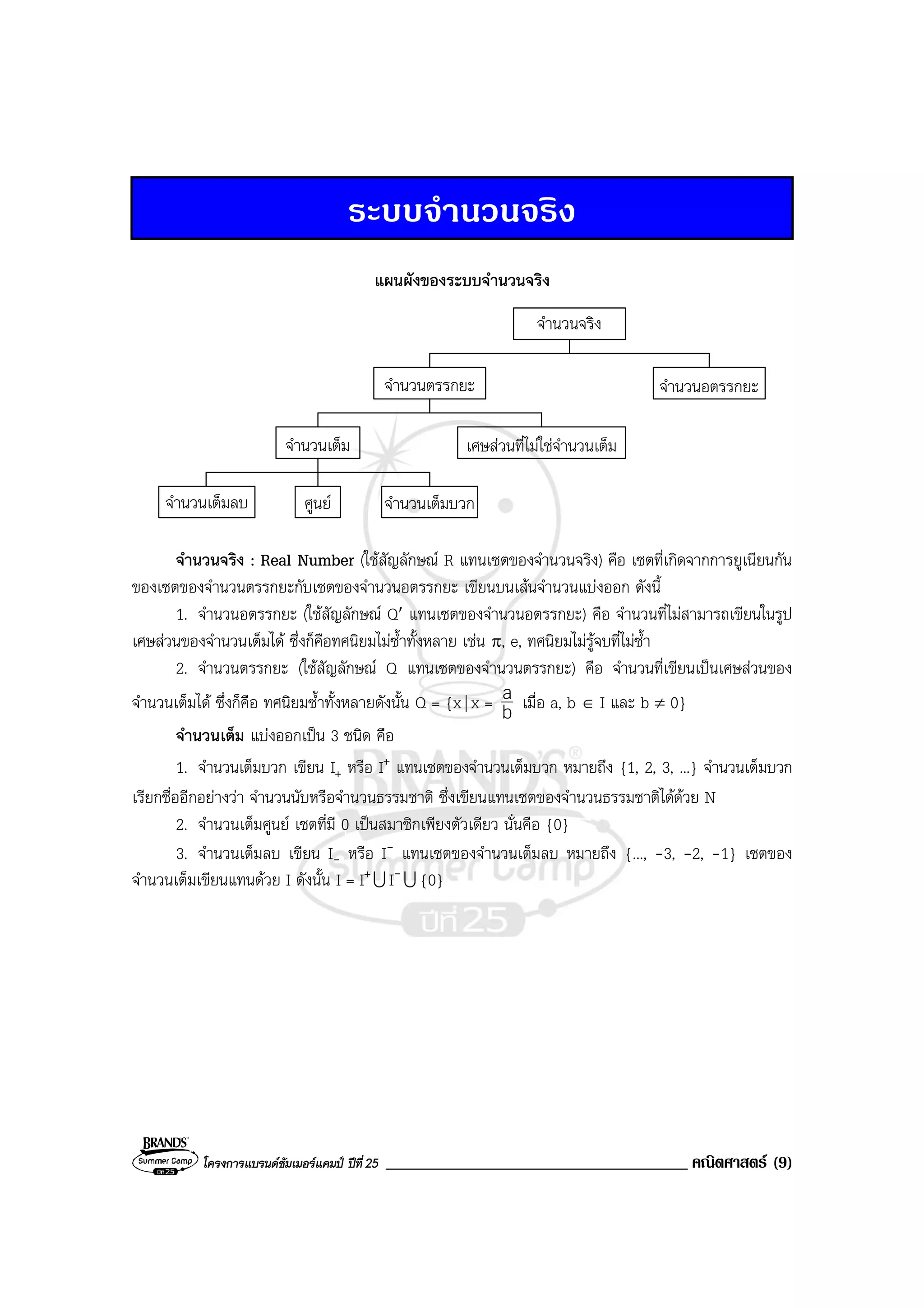 โครงการแบรนดซัมเมอรแคมป ปที่25 ____________________________________ คณิตศาสตร (9)
ระบบจํานวนจริง
แผนผังของระบบจํานวนจริง
จํานวนจริง
จํานวนตรรกยะ จํานวนอตรรกยะ
จํานวนเต็ม เศษสวนที่ไมใชจํานวนเต็ม
ศูนยจํานวนเต็มลบ จํานวนเต็มบวก
จํานวนจริง : Real Number (ใชสัญลักษณ R แทนเซตของจํานวนจริง) คือ เซตที่เกิดจากการยูเนียนกัน
ของเซตของจํานวนตรรกยะกับเซตของจํานวนอตรรกยะ เขียนบนเสนจํานวนแบงออก ดังนี้
1. จํานวนอตรรกยะ (ใชสัญลักษณ Q′ แทนเซตของจํานวนอตรรกยะ) คือ จํานวนที่ไมสามารถเขียนในรูป
เศษสวนของจํานวนเต็มได ซึ่งก็คือทศนิยมไมซ้ําทั้งหลาย เชน π, e, ทศนิยมไมรูจบที่ไมซ้ํา
2. จํานวนตรรกยะ (ใชสัญลักษณ Q แทนเซตของจํานวนตรรกยะ) คือ จํานวนที่เขียนเปนเศษสวนของ
จํานวนเต็มได ซึ่งก็คือ ทศนิยมซ้ําทั้งหลายดังนั้น Q = {x| x = b
a เมื่อ a, b ∈ I และ b ≠ 0}
จํานวนเต็ม แบงออกเปน 3 ชนิด คือ
1. จํานวนเต็มบวก เขียน I+ หรือ I+ แทนเซตของจํานวนเต็มบวก หมายถึง {1, 2, 3, ...} จํานวนเต็มบวก
เรียกชื่ออีกอยางวา จํานวนนับหรือจํานวนธรรมชาติ ซึ่งเขียนแทนเซตของจํานวนธรรมชาติไดดวย N
2. จํานวนเต็มศูนย เซตที่มี 0 เปนสมาชิกเพียงตัวเดียว นั่นคือ {0}
3. จํานวนเต็มลบ เขียน I- หรือ I- แทนเซตของจํานวนเต็มลบ หมายถึง {..., -3, -2, -1} เซตของ
จํานวนเต็มเขียนแทนดวย I ดังนั้น I = I+U I-U {0}
 