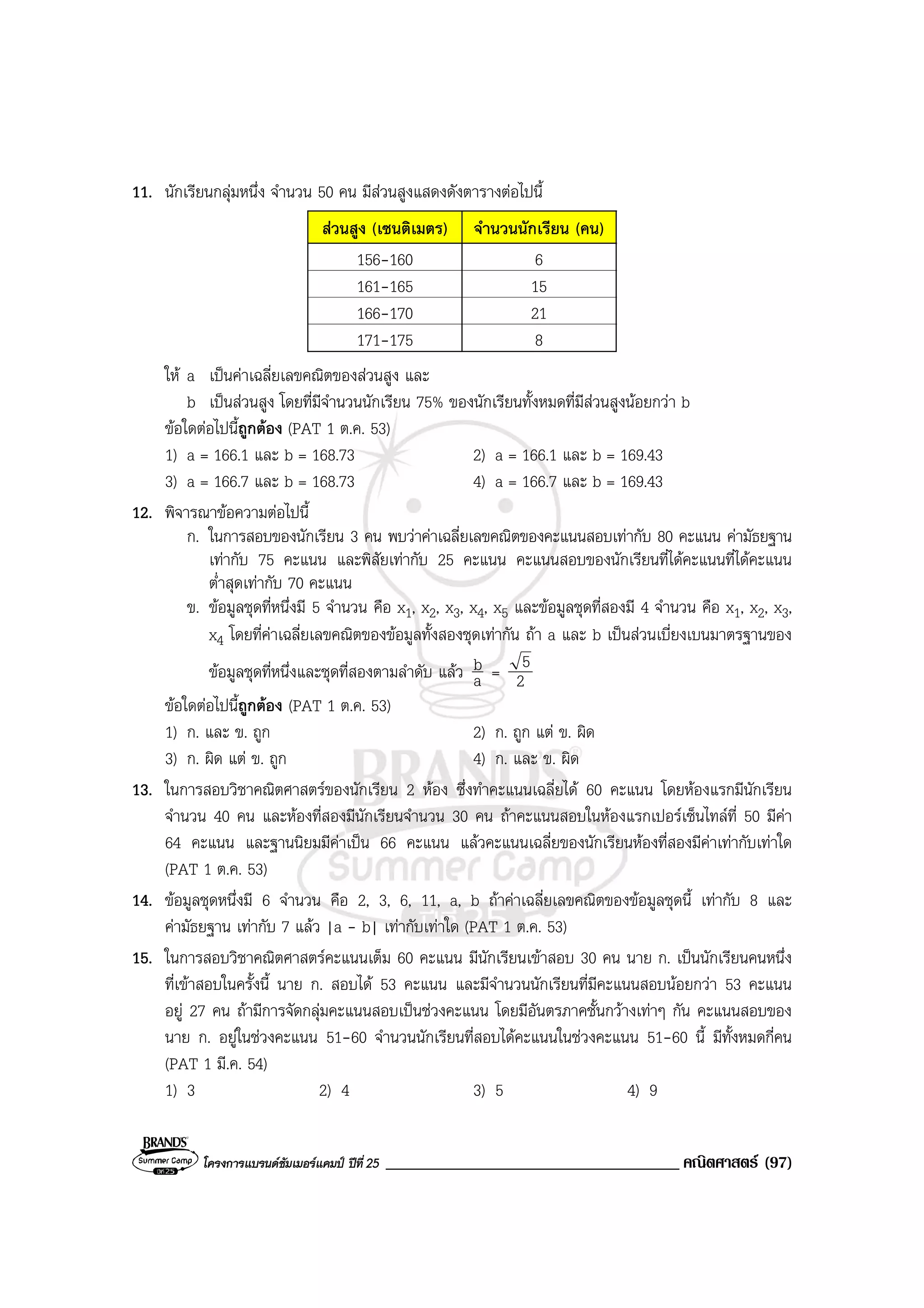 โครงการแบรนดซัมเมอรแคมป ปที่ 25 ___________________________________ คณิตศาสตร (97)
11. นักเรียนกลุมหนึ่ง จํานวน 50 คน มีสวนสูงแสดงดังตารางตอไปนี้
สวนสูง (เซนติเมตร) จํานวนนักเรียน (คน)
156-160 6
161-165 15
166-170 21
171-175 8
ให a เปนคาเฉลี่ยเลขคณิตของสวนสูง และ
b เปนสวนสูง โดยที่มีจํานวนนักเรียน 75% ของนักเรียนทั้งหมดที่มีสวนสูงนอยกวา b
ขอใดตอไปนี้ถูกตอง (PAT 1 ต.ค. 53)
1) a = 166.1 และ b = 168.73 2) a = 166.1 และ b = 169.43
3) a = 166.7 และ b = 168.73 4) a = 166.7 และ b = 169.43
12. พิจารณาขอความตอไปนี้
ก. ในการสอบของนักเรียน 3 คน พบวาคาเฉลี่ยเลขคณิตของคะแนนสอบเทากับ 80 คะแนน คามัธยฐาน
เทากับ 75 คะแนน และพิสัยเทากับ 25 คะแนน คะแนนสอบของนักเรียนที่ไดคะแนนที่ไดคะแนน
ต่ําสุดเทากับ 70 คะแนน
ข. ขอมูลชุดที่หนึ่งมี 5 จํานวน คือ x1, x2, x3, x4, x5 และขอมูลชุดที่สองมี 4 จํานวน คือ x1, x2, x3,
x4 โดยที่คาเฉลี่ยเลขคณิตของขอมูลทั้งสองชุดเทากัน ถา a และ b เปนสวนเบี่ยงเบนมาตรฐานของ
ขอมูลชุดที่หนึ่งและชุดที่สองตามลําดับ แลว a
b = 2
5
ขอใดตอไปนี้ถูกตอง (PAT 1 ต.ค. 53)
1) ก. และ ข. ถูก 2) ก. ถูก แต ข. ผิด
3) ก. ผิด แต ข. ถูก 4) ก. และ ข. ผิด
13. ในการสอบวิชาคณิตศาสตรของนักเรียน 2 หอง ซึ่งทําคะแนนเฉลี่ยได 60 คะแนน โดยหองแรกมีนักเรียน
จํานวน 40 คน และหองที่สองมีนักเรียนจํานวน 30 คน ถาคะแนนสอบในหองแรกเปอรเซ็นไทลที่ 50 มีคา
64 คะแนน และฐานนิยมมีคาเปน 66 คะแนน แลวคะแนนเฉลี่ยของนักเรียนหองที่สองมีคาเทากับเทาใด
(PAT 1 ต.ค. 53)
14. ขอมูลชุดหนึ่งมี 6 จํานวน คือ 2, 3, 6, 11, a, b ถาคาเฉลี่ยเลขคณิตของขอมูลชุดนี้ เทากับ 8 และ
คามัธยฐาน เทากับ 7 แลว |a - b| เทากับเทาใด (PAT 1 ต.ค. 53)
15. ในการสอบวิชาคณิตศาสตรคะแนนเต็ม 60 คะแนน มีนักเรียนเขาสอบ 30 คน นาย ก. เปนนักเรียนคนหนึ่ง
ที่เขาสอบในครั้งนี้ นาย ก. สอบได 53 คะแนน และมีจํานวนนักเรียนที่มีคะแนนสอบนอยกวา 53 คะแนน
อยู 27 คน ถามีการจัดกลุมคะแนนสอบเปนชวงคะแนน โดยมีอันตรภาคชั้นกวางเทาๆ กัน คะแนนสอบของ
นาย ก. อยูในชวงคะแนน 51-60 จํานวนนักเรียนที่สอบไดคะแนนในชวงคะแนน 51-60 นี้ มีทั้งหมดกี่คน
(PAT 1 มี.ค. 54)
1) 3 2) 4 3) 5 4) 9
 