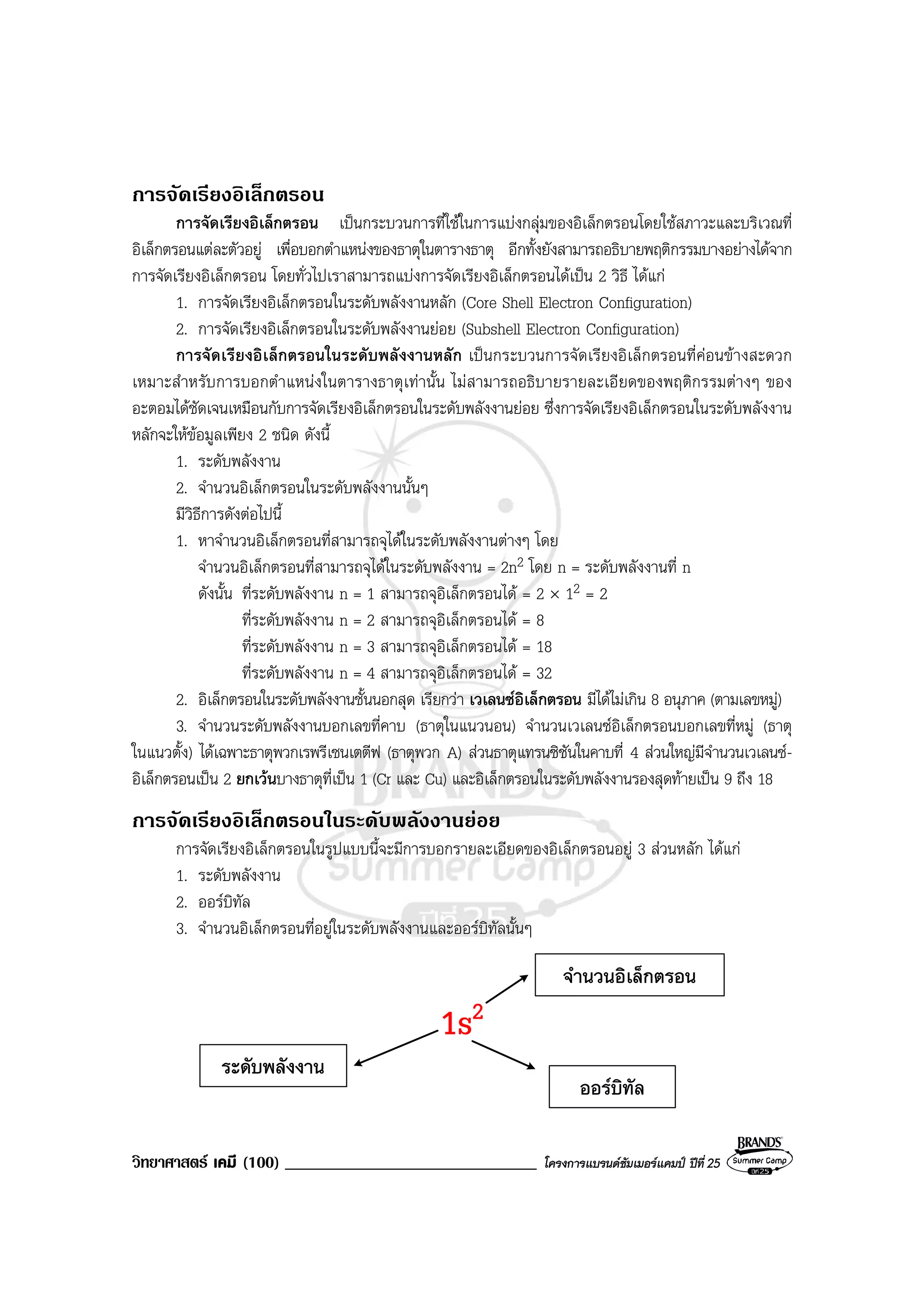 วิทยาศาสตร เคมี (100) ______________________________ โครงการแบรนดซัมเมอรแคมป ปที่ 25
การจัดเรียงอิเล็กตรอน
การจัดเรียงอิเล็กตรอน เปนกระบวนการที่ใชในการแบงกลุมของอิเล็กตรอนโดยใชสภาวะและบริเวณที่
อิเล็กตรอนแตละตัวอยู เพื่อบอกตําแหนงของธาตุในตารางธาตุ อีกทั้งยังสามารถอธิบายพฤติกรรมบางอยางไดจาก
การจัดเรียงอิเล็กตรอน โดยทั่วไปเราสามารถแบงการจัดเรียงอิเล็กตรอนไดเปน 2 วิธี ไดแก
1. การจัดเรียงอิเล็กตรอนในระดับพลังงานหลัก (Core Shell Electron Configuration)
2. การจัดเรียงอิเล็กตรอนในระดับพลังงานยอย (Subshell Electron Configuration)
การจัดเรียงอิเล็กตรอนในระดับพลังงานหลัก เปนกระบวนการจัดเรียงอิเล็กตรอนที่คอนขางสะดวก
เหมาะสําหรับการบอกตําแหนงในตารางธาตุเทานั้น ไมสามารถอธิบายรายละเอียดของพฤติกรรมตางๆ ของ
อะตอมไดชัดเจนเหมือนกับการจัดเรียงอิเล็กตรอนในระดับพลังงานยอย ซึ่งการจัดเรียงอิเล็กตรอนในระดับพลังงาน
หลักจะใหขอมูลเพียง 2 ชนิด ดังนี้
1. ระดับพลังงาน
2. จํานวนอิเล็กตรอนในระดับพลังงานนั้นๆ
มีวิธีการดังตอไปนี้
1. หาจํานวนอิเล็กตรอนที่สามารถจุไดในระดับพลังงานตางๆ โดย
จํานวนอิเล็กตรอนที่สามารถจุไดในระดับพลังงาน = 2n2 โดย n = ระดับพลังงานที่ n
ดังนั้น ที่ระดับพลังงาน n = 1 สามารถจุอิเล็กตรอนได = 2 × 12 = 2
ที่ระดับพลังงาน n = 2 สามารถจุอิเล็กตรอนได = 8
ที่ระดับพลังงาน n = 3 สามารถจุอิเล็กตรอนได = 18
ที่ระดับพลังงาน n = 4 สามารถจุอิเล็กตรอนได = 32
2. อิเล็กตรอนในระดับพลังงานชั้นนอกสุด เรียกวา เวเลนซอิเล็กตรอน มีไดไมเกิน 8 อนุภาค (ตามเลขหมู)
3. จํานวนระดับพลังงานบอกเลขที่คาบ (ธาตุในแนวนอน) จํานวนเวเลนซอิเล็กตรอนบอกเลขที่หมู (ธาตุ
ในแนวตั้ง) ไดเฉพาะธาตุพวกเรพรีเซนเตตีฟ (ธาตุพวก A) สวนธาตุแทรนซิชันในคาบที่ 4 สวนใหญมีจํานวนเวเลนซ-
อิเล็กตรอนเปน 2 ยกเวนบางธาตุที่เปน 1 (Cr และ Cu) และอิเล็กตรอนในระดับพลังงานรองสุดทายเปน 9 ถึง 18
การจัดเรียงอิเล็กตรอนในระดับพลังงานยอย
การจัดเรียงอิเล็กตรอนในรูปแบบนี้จะมีการบอกรายละเอียดของอิเล็กตรอนอยู 3 สวนหลัก ไดแก
1. ระดับพลังงาน
2. ออรบิทัล
3. จํานวนอิเล็กตรอนที่อยูในระดับพลังงานและออรบิทัลนั้นๆ
ออรบิทัล
1s2
จํานวนอิเล็กตรอน
ระดับพลังงาน
 