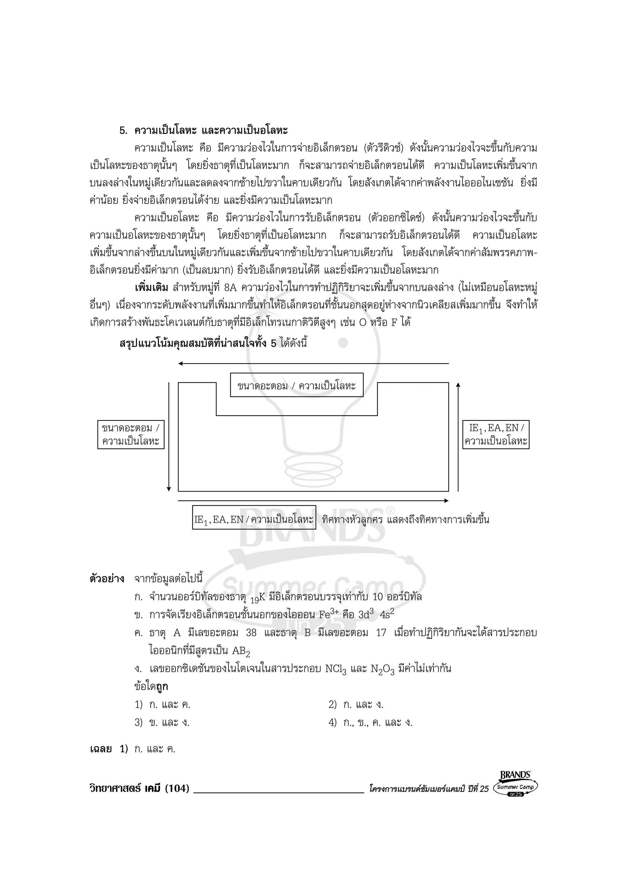 วิทยาศาสตร เคมี (104) ______________________________ โครงการแบรนดซัมเมอรแคมป ปที่ 25
5. ความเปนโลหะ และความเปนอโลหะ
ความเปนโลหะ คือ มีความวองไวในการจายอิเล็กตรอน (ตัวรีดิวซ) ดังนั้นความวองไวจะขึ้นกับความ
เปนโลหะของธาตุนั้นๆ โดยยิ่งธาตุที่เปนโลหะมาก ก็จะสามารถจายอิเล็กตรอนไดดี ความเปนโลหะเพิ่มขึ้นจาก
บนลงลางในหมูเดียวกันและลดลงจากซายไปขวาในคาบเดียวกัน โดยสังเกตไดจากคาพลังงานไอออไนเซชัน ยิ่งมี
คานอย ยิ่งจายอิเล็กตรอนไดงาย และยิ่งมีความเปนโลหะมาก
ความเปนอโลหะ คือ มีความวองไวในการรับอิเล็กตรอน (ตัวออกซิไดซ) ดังนั้นความวองไวจะขึ้นกับ
ความเปนอโลหะของธาตุนั้นๆ โดยยิ่งธาตุที่เปนอโลหะมาก ก็จะสามารถรับอิเล็กตรอนไดดี ความเปนอโลหะ
เพิ่มขึ้นจากลางขึ้นบนในหมูเดียวกันและเพิ่มขึ้นจากซายไปขวาในคาบเดียวกัน โดยสังเกตไดจากคาสัมพรรคภาพ-
อิเล็กตรอนยิ่งมีคามาก (เปนลบมาก) ยิ่งรับอิเล็กตรอนไดดี และยิ่งมีความเปนอโลหะมาก
เพิ่มเติม สําหรับหมูที่ 8A ความวองไวในการทําปฏิกิริยาจะเพิ่มขึ้นจากบนลงลาง (ไมเหมือนอโลหะหมู
อื่นๆ) เนื่องจากระดับพลังงานที่เพิ่มมากขึ้นทําใหอิเล็กตรอนที่ชั้นนอกสุดอยูหางจากนิวเคลียสเพิ่มมากขึ้น จึงทําให
เกิดการสรางพันธะโคเวเลนตกับธาตุที่มีอิเล็กโทรเนกาติวิตีสูงๆ เชน O หรือ F ได
สรุปแนวโนมคุณสมบัติที่นาสนใจทั้ง 5 ไดดังนี้
ทิศทางหัวลูกศร แสดงถึงทิศทางการเพิ่มขึ้น
ขนาดอะตอม / ความเปนโลหะ
ลหะความเปนอโ/EN,EA,IE1
ขนาดอะตอม /
ความเปนโลหะ
/EN,EA,IE1
ความเปนอโลหะ
ตัวอยาง จากขอมูลตอไปนี้
ก. จํานวนออรบิทัลของธาตุ 19K มีอิเล็กตรอนบรรจุเทากับ 10 ออรบิทัล
ข. การจัดเรียงอิเล็กตรอนชั้นนอกของไอออน Fe3+ คือ 3d3 4s2
ค. ธาตุ A มีเลขอะตอม 38 และธาตุ B มีเลขอะตอม 17 เมื่อทําปฏิกิริยากันจะไดสารประกอบ
ไอออนิกที่มีสูตรเปน AB2
ง. เลขออกซิเดชันของไนโตเจนในสารประกอบ NCl3 และ N2O3 มีคาไมเทากัน
ขอใดถูก
1) ก. และ ค. 2) ก. และ ง.
3) ข. และ ง. 4) ก., ข., ค. และ ง.
เฉลย 1) ก. และ ค.
 