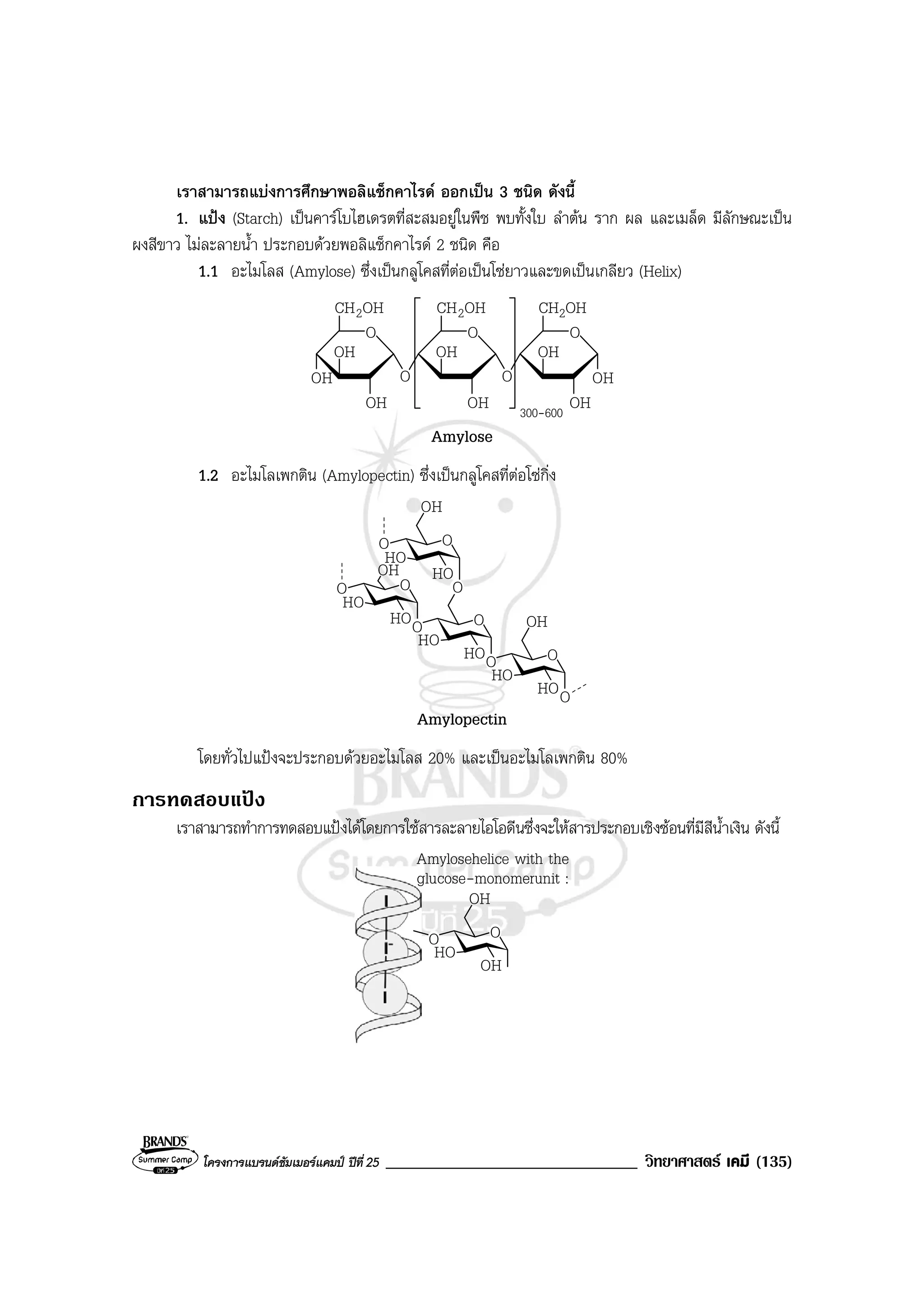 โครงการแบรนดซัมเมอรแคมป ปที่ 25 ______________________________ วิทยาศาสตร เคมี (135)
เราสามารถแบงการศึกษาพอลิแซ็กคาไรด ออกเปน 3 ชนิด ดังนี้
1. แปง (Starch) เปนคารโบไฮเดรตที่สะสมอยูในพืช พบทั้งใบ ลําตน ราก ผล และเมล็ด มีลักษณะเปน
ผงสีขาว ไมละลายน้ํา ประกอบดวยพอลิแซ็กคาไรด 2 ชนิด คือ
1.1 อะไมโลส (Amylose) ซึ่งเปนกลูโคสที่ตอเปนโซยาวและขดเปนเกลียว (Helix)
O
OHCH2
OH
OH
OH300-600
OHOH
OH O
OHOH
OHCH2OHCH2
OOO
OO
Amylose
1.2 อะไมโลเพกติน (Amylopectin) ซึ่งเปนกลูโคสที่ตอโซกิ่ง
OH
HO
HO
OO
O
OH
HO
HO
OO
O
HO
HO
O
O
OH
HO
O
HO
O
Amylopectin
โดยทั่วไปแปงจะประกอบดวยอะไมโลส 20% และเปนอะไมโลเพกติน 80%
การทดสอบแปง
เราสามารถทําการทดสอบแปงไดโดยการใชสารละลายไอโอดีนซึ่งจะใหสารประกอบเชิงซอนที่มีสีน้ําเงิน ดังนี้
O
OH
OH
O
HO
Amylosehelice with the
glucose-monomerunit :
 