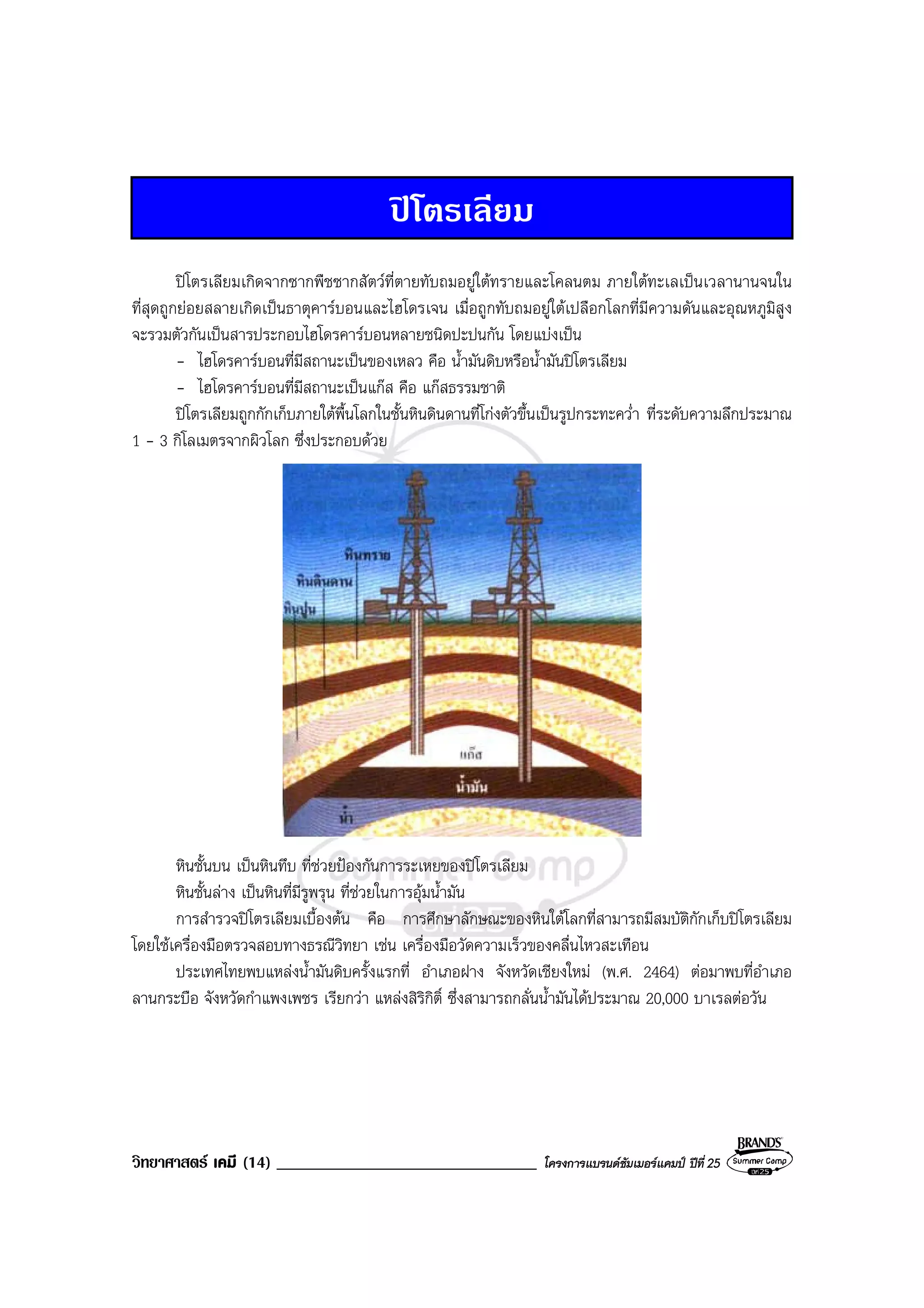 วิทยาศาสตร เคมี (14) _______________________________ โครงการแบรนดซัมเมอรแคมป ปที่ 25
ปโตรเลียม
ปโตรเลียมเกิดจากซากพืชซากสัตวที่ตายทับถมอยูใตทรายและโคลนตม ภายใตทะเลเปนเวลานานจนใน
ที่สุดถูกยอยสลายเกิดเปนธาตุคารบอนและไฮโดรเจน เมื่อถูกทับถมอยูใตเปลือกโลกที่มีความดันและอุณหภูมิสูง
จะรวมตัวกันเปนสารประกอบไฮโดรคารบอนหลายชนิดปะปนกัน โดยแบงเปน
- ไฮโดรคารบอนที่มีสถานะเปนของเหลว คือ น้ํามันดิบหรือน้ํามันปโตรเลียม
- ไฮโดรคารบอนที่มีสถานะเปนแกส คือ แกสธรรมชาติ
ปโตรเลียมถูกกักเก็บภายใตพื้นโลกในชั้นหินดินดานที่โกงตัวขึ้นเปนรูปกระทะคว่ํา ที่ระดับความลึกประมาณ
1 - 3 กิโลเมตรจากผิวโลก ซึ่งประกอบดวย
หินชั้นบน เปนหินทึบ ที่ชวยปองกันการระเหยของปโตรเลียม
หินชั้นลาง เปนหินที่มีรูพรุน ที่ชวยในการอุมน้ํามัน
การสํารวจปโตรเลียมเบื้องตน คือ การศึกษาลักษณะของหินใตโลกที่สามารถมีสมบัติกักเก็บปโตรเลียม
โดยใชเครื่องมือตรวจสอบทางธรณีวิทยา เชน เครื่องมือวัดความเร็วของคลื่นไหวสะเทือน
ประเทศไทยพบแหลงน้ํามันดิบครั้งแรกที่ อําเภอฝาง จังหวัดเชียงใหม (พ.ศ. 2464) ตอมาพบที่อําเภอ
ลานกระบือ จังหวัดกําแพงเพชร เรียกวา แหลงสิริกิติ์ ซึ่งสามารถกลั่นน้ํามันไดประมาณ 20,000 บาเรลตอวัน
 