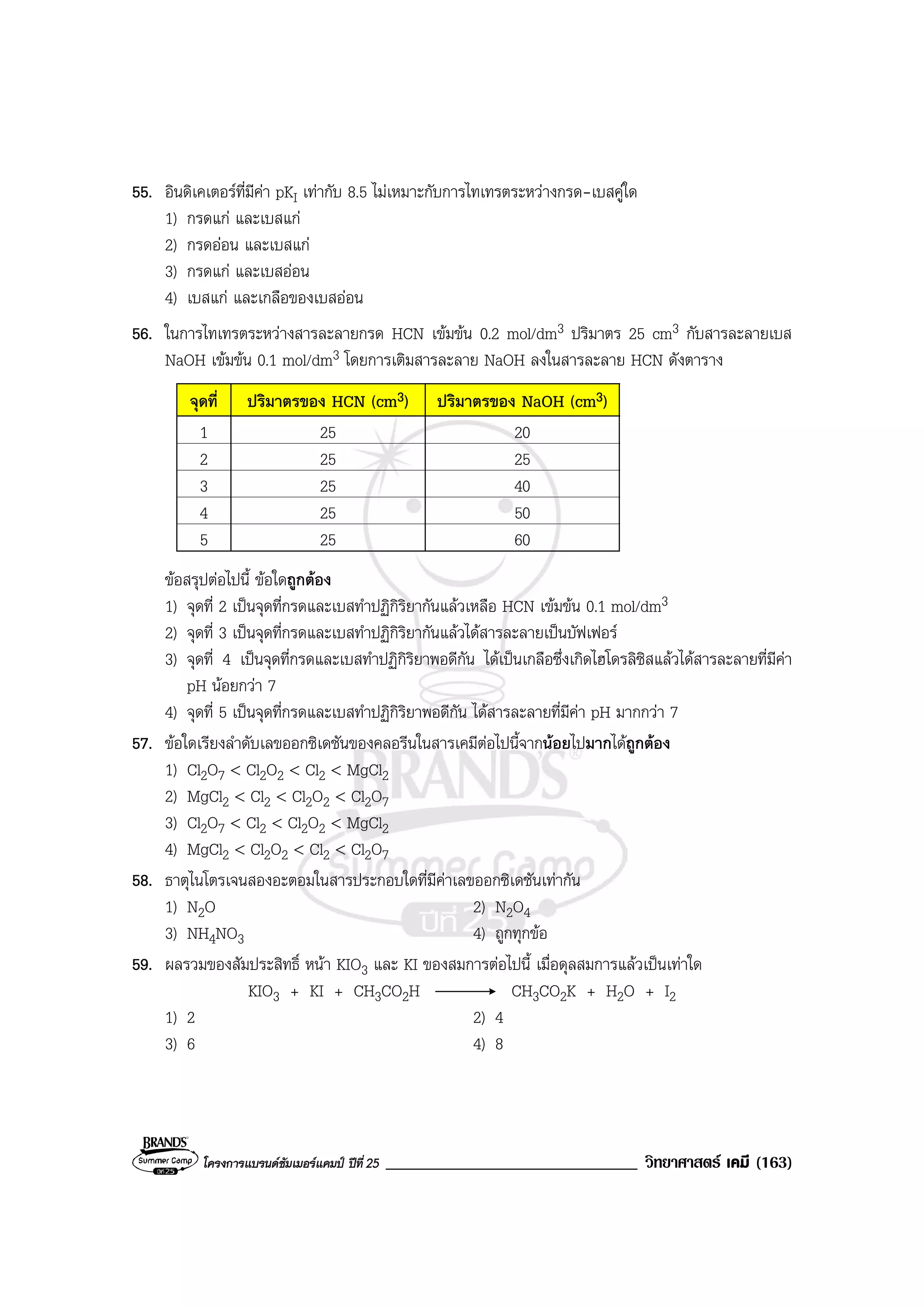 โครงการแบรนดซัมเมอรแคมป ปที่ 25 ______________________________ วิทยาศาสตร เคมี (163)
55. อินดิเคเตอรที่มีคา pKI เทากับ 8.5 ไมเหมาะกับการไทเทรตระหวางกรด-เบสคูใด
1) กรดแก และเบสแก
2) กรดออน และเบสแก
3) กรดแก และเบสออน
4) เบสแก และเกลือของเบสออน
56. ในการไทเทรตระหวางสารละลายกรด HCN เขมขน 0.2 mol/dm3 ปริมาตร 25 cm3 กับสารละลายเบส
NaOH เขมขน 0.1 mol/dm3 โดยการเติมสารละลาย NaOH ลงในสารละลาย HCN ดังตาราง
จุดที่ ปริมาตรของ HCN (cm3) ปริมาตรของ NaOH (cm3)
1 25 20
2 25 25
3 25 40
4 25 50
5 25 60
ขอสรุปตอไปนี้ ขอใดถูกตอง
1) จุดที่ 2 เปนจุดที่กรดและเบสทําปฏิกิริยากันแลวเหลือ HCN เขมขน 0.1 mol/dm3
2) จุดที่ 3 เปนจุดที่กรดและเบสทําปฏิกิริยากันแลวไดสารละลายเปนบัฟเฟอร
3) จุดที่ 4 เปนจุดที่กรดและเบสทําปฏิกิริยาพอดีกัน ไดเปนเกลือซึ่งเกิดไฮโดรลิซิสแลวไดสารละลายที่มีคา
pH นอยกวา 7
4) จุดที่ 5 เปนจุดที่กรดและเบสทําปฏิกิริยาพอดีกัน ไดสารละลายที่มีคา pH มากกวา 7
57. ขอใดเรียงลําดับเลขออกซิเดชันของคลอรีนในสารเคมีตอไปนี้จากนอยไปมากไดถูกตอง
1) Cl2O7 < Cl2O2 < Cl2 < MgCl2
2) MgCl2 < Cl2 < Cl2O2 < Cl2O7
3) Cl2O7 < Cl2 < Cl2O2 < MgCl2
4) MgCl2 < Cl2O2 < Cl2 < Cl2O7
58. ธาตุไนโตรเจนสองอะตอมในสารประกอบใดที่มีคาเลขออกซิเดชันเทากัน
1) N2O 2) N2O4
3) NH4NO3 4) ถูกทุกขอ
59. ผลรวมของสัมประสิทธิ์ หนา KIO3 และ KI ของสมการตอไปนี้ เมื่อดุลสมการแลวเปนเทาใด
KIO3 + KI + CH3CO2H CH3CO2K + H2O + I2
1) 2 2) 4
3) 6 4) 8
 
