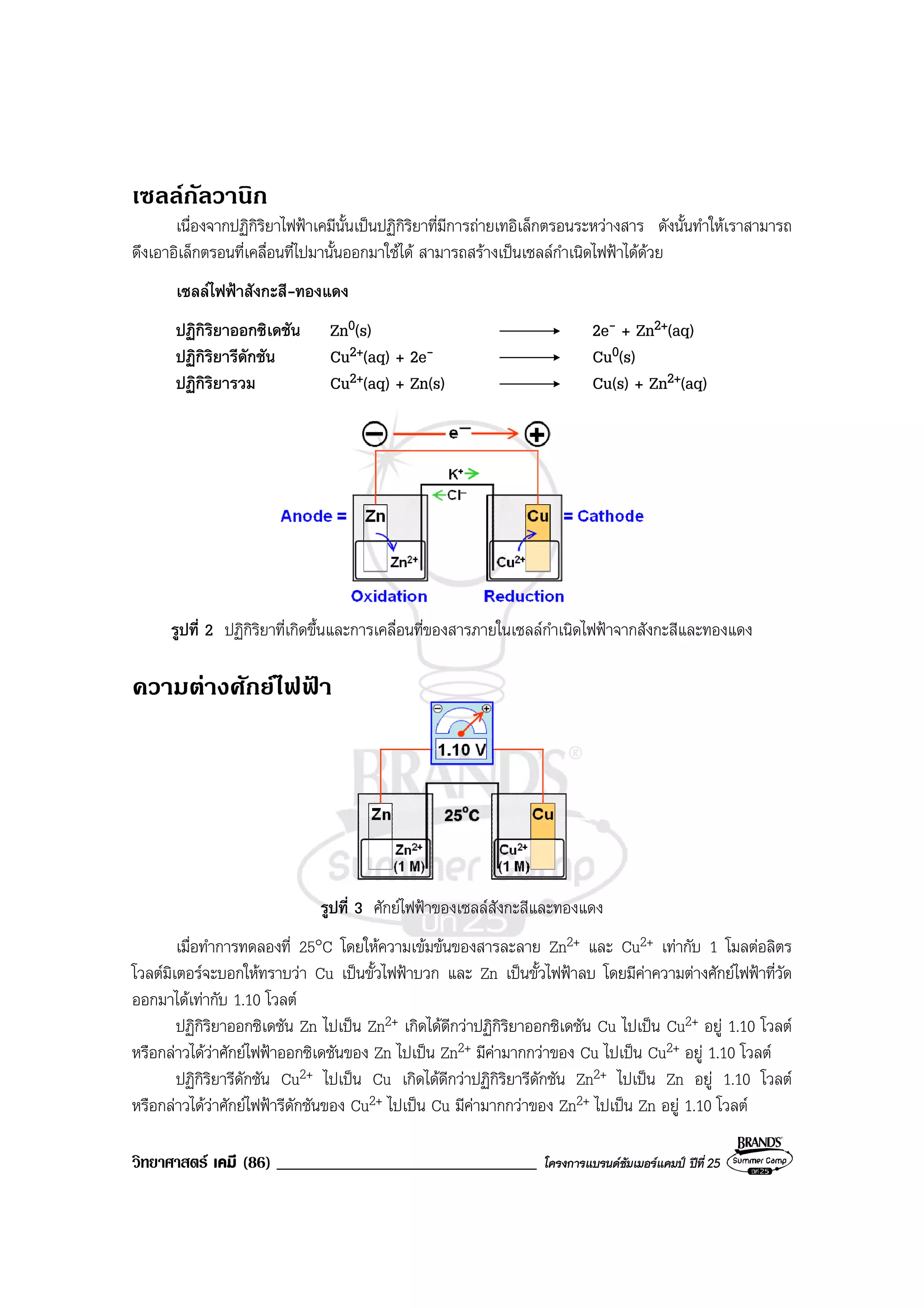 วิทยาศาสตร เคมี (86) _______________________________ โครงการแบรนดซัมเมอรแคมป ปที่ 25
เซลลกัลวานิก
เนื่องจากปฏิกิริยาไฟฟาเคมีนั้นเปนปฏิกิริยาที่มีการถายเทอิเล็กตรอนระหวางสาร ดังนั้นทําใหเราสามารถ
ดึงเอาอิเล็กตรอนที่เคลื่อนที่ไปมานั้นออกมาใชได สามารถสรางเปนเซลลกําเนิดไฟฟาไดดวย
เซลลไฟฟาสังกะสี-ทองแดง
ปฏิกิริยาออกซิเดชัน Zn0(s) 2e- + Zn2+(aq)
ปฏิกิริยารีดักชัน Cu2+(aq) + 2e- Cu0(s)
ปฏิกิริยารวม Cu2+(aq) + Zn(s) Cu(s) + Zn2+(aq)
รูปที่ 2 ปฏิกิริยาที่เกิดขึ้นและการเคลื่อนที่ของสารภายในเซลลกําเนิดไฟฟาจากสังกะสีและทองแดง
ความตางศักยไฟฟา
รูปที่ 3 ศักยไฟฟาของเซลลสังกะสีและทองแดง
เมื่อทําการทดลองที่ 25°C โดยใหความเขมขนของสารละลาย Zn2+ และ Cu2+ เทากับ 1 โมลตอลิตร
โวลตมิเตอรจะบอกใหทราบวา Cu เปนขั้วไฟฟาบวก และ Zn เปนขั้วไฟฟาลบ โดยมีคาความตางศักยไฟฟาที่วัด
ออกมาไดเทากับ 1.10 โวลต
ปฏิกิริยาออกซิเดชัน Zn ไปเปน Zn2+ เกิดไดดีกวาปฏิกิริยาออกซิเดชัน Cu ไปเปน Cu2+ อยู 1.10 โวลต
หรือกลาวไดวาศักยไฟฟาออกซิเดชันของ Zn ไปเปน Zn2+ มีคามากกวาของ Cu ไปเปน Cu2+ อยู 1.10 โวลต
ปฏิกิริยารีดักชัน Cu2+ ไปเปน Cu เกิดไดดีกวาปฏิกิริยารีดักชัน Zn2+ ไปเปน Zn อยู 1.10 โวลต
หรือกลาวไดวาศักยไฟฟารีดักชันของ Cu2+ ไปเปน Cu มีคามากกวาของ Zn2+ ไปเปน Zn อยู 1.10 โวลต
 