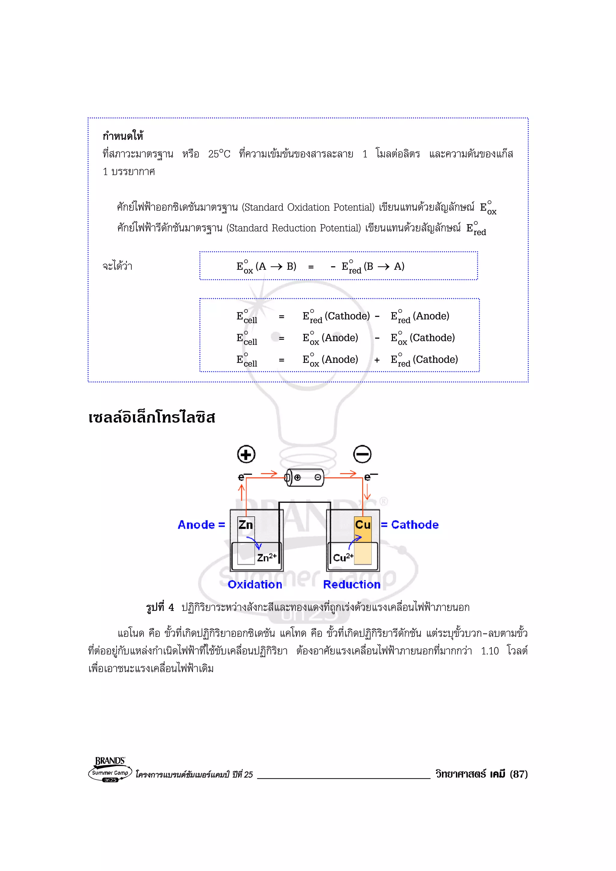 โครงการแบรนดซัมเมอรแคมป ปที่ 25 _______________________________ วิทยาศาสตร เคมี (87)
กําหนดให
ที่สภาวะมาตรฐาน หรือ 25°C ที่ความเขมขนของสารละลาย 1 โมลตอลิตร และความดันของแกส
1 บรรยากาศ
ศักยไฟฟาออกซิเดชันมาตรฐาน (Standard Oxidation Potential) เขียนแทนดวยสัญลักษณ o
oxE
ศักยไฟฟารีดักชันมาตรฐาน (Standard Reduction Potential) เขียนแทนดวยสัญลักษณ o
redE
จะไดวา o
oxE (A → B) = - o
redE (B → A)
o
cellE = o
redE (Cathode) - o
redE (Anode)
o
cellE = o
oxE (Anode) - o
oxE (Cathode)
o
cellE = o
oxE (Anode) + o
redE (Cathode)
เซลลอิเล็กโทรไลซิส
รูปที่ 4 ปฏิกิริยาระหวางสังกะสีและทองแดงที่ถูกเรงดวยแรงเคลื่อนไฟฟาภายนอก
แอโนด คือ ขั้วที่เกิดปฏิกิริยาออกซิเดชัน แคโทด คือ ขั้วที่เกิดปฏิกิริยารีดักชัน แตระบุขั้วบวก-ลบตามขั้ว
ที่ตออยูกับแหลงกําเนิดไฟฟาที่ใชขับเคลื่อนปฏิกิริยา ตองอาศัยแรงเคลื่อนไฟฟาภายนอกที่มากกวา 1.10 โวลต
เพื่อเอาชนะแรงเคลื่อนไฟฟาเดิม
 