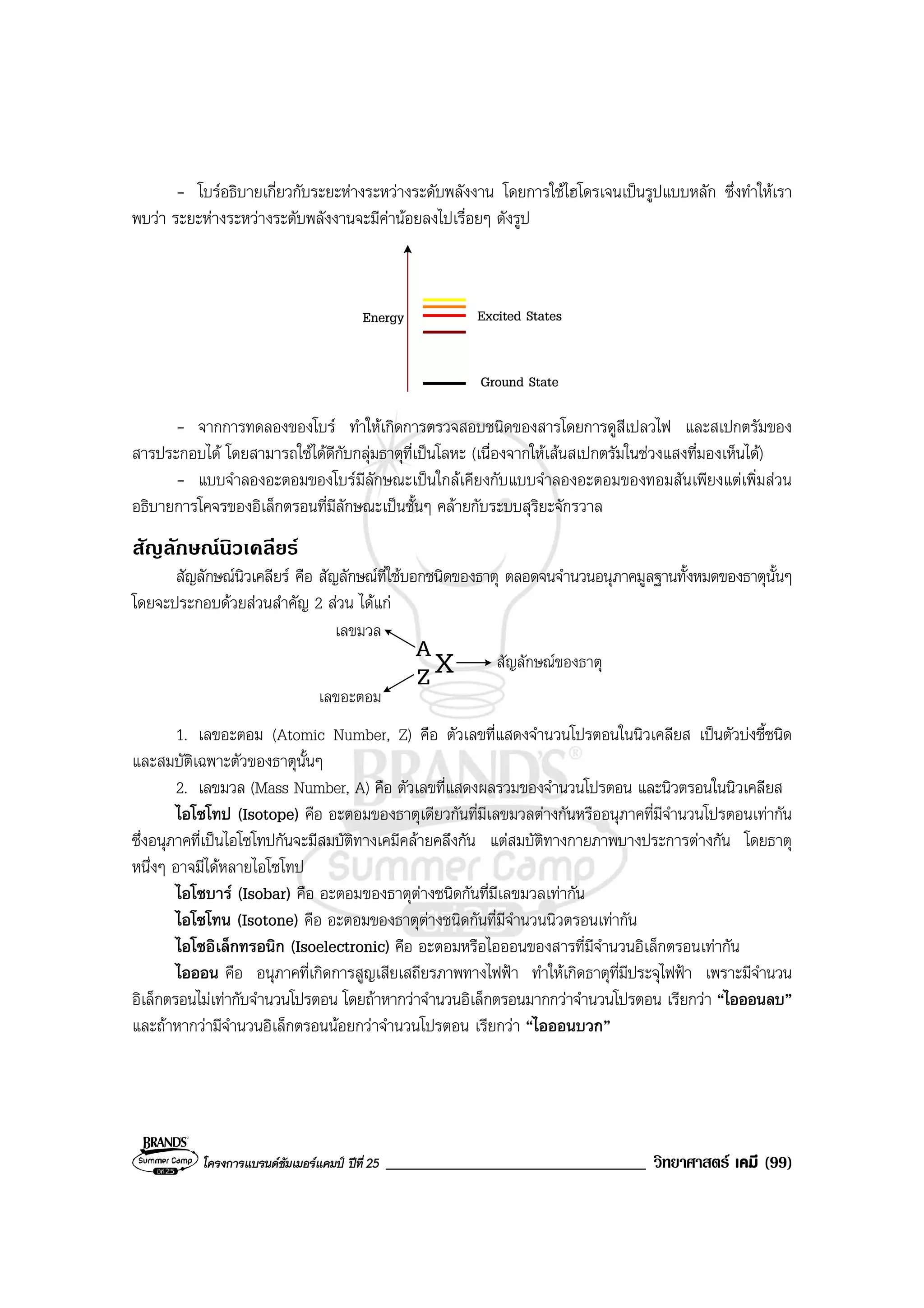 โครงการแบรนดซัมเมอรแคมป ปที่ 25 _______________________________ วิทยาศาสตร เคมี (99)
- โบรอธิบายเกี่ยวกับระยะหางระหวางระดับพลังงาน โดยการใชไฮโดรเจนเปนรูปแบบหลัก ซึ่งทําใหเรา
พบวา ระยะหางระหวางระดับพลังงานจะมีคานอยลงไปเรื่อยๆ ดังรูป
Energy Excited States
Ground State
- จากการทดลองของโบร ทําใหเกิดการตรวจสอบชนิดของสารโดยการดูสีเปลวไฟ และสเปกตรัมของ
สารประกอบได โดยสามารถใชไดดีกับกลุมธาตุที่เปนโลหะ (เนื่องจากใหเสนสเปกตรัมในชวงแสงที่มองเห็นได)
- แบบจําลองอะตอมของโบรมีลักษณะเปนใกลเคียงกับแบบจําลองอะตอมของทอมสันเพียงแตเพิ่มสวน
อธิบายการโคจรของอิเล็กตรอนที่มีลักษณะเปนชั้นๆ คลายกับระบบสุริยะจักรวาล
สัญลักษณนิวเคลียร
สัญลักษณนิวเคลียร คือ สัญลักษณที่ใชบอกชนิดของธาตุ ตลอดจนจํานวนอนุภาคมูลฐานทั้งหมดของธาตุนั้นๆ
โดยจะประกอบดวยสวนสําคัญ 2 สวน ไดแก
เลขมวล
เลขอะตอม
สัญลักษณของธาตุ
A
Z X
1. เลขอะตอม (Atomic Number, Z) คือ ตัวเลขที่แสดงจํานวนโปรตอนในนิวเคลียส เปนตัวบงชี้ชนิด
และสมบัติเฉพาะตัวของธาตุนั้นๆ
2. เลขมวล (Mass Number, A) คือ ตัวเลขที่แสดงผลรวมของจํานวนโปรตอน และนิวตรอนในนิวเคลียส
ไอโซโทป (Isotope) คือ อะตอมของธาตุเดียวกันที่มีเลขมวลตางกันหรืออนุภาคที่มีจํานวนโปรตอนเทากัน
ซึ่งอนุภาคที่เปนไอโซโทปกันจะมีสมบัติทางเคมีคลายคลึงกัน แตสมบัติทางกายภาพบางประการตางกัน โดยธาตุ
หนึ่งๆ อาจมีไดหลายไอโซโทป
ไอโซบาร (Isobar) คือ อะตอมของธาตุตางชนิดกันที่มีเลขมวลเทากัน
ไอโซโทน (Isotone) คือ อะตอมของธาตุตางชนิดกันที่มีจํานวนนิวตรอนเทากัน
ไอโซอิเล็กทรอนิก (Isoelectronic) คือ อะตอมหรือไอออนของสารที่มีจํานวนอิเล็กตรอนเทากัน
ไอออน คือ อนุภาคที่เกิดการสูญเสียเสถียรภาพทางไฟฟา ทําใหเกิดธาตุที่มีประจุไฟฟา เพราะมีจํานวน
อิเล็กตรอนไมเทากับจํานวนโปรตอน โดยถาหากวาจํานวนอิเล็กตรอนมากกวาจํานวนโปรตอน เรียกวา “ไอออนลบ”
และถาหากวามีจํานวนอิเล็กตรอนนอยกวาจํานวนโปรตอน เรียกวา “ไอออนบวก”
 