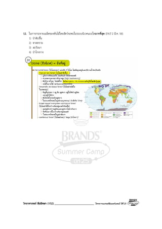 วิทยาศาสตร ชีววิทยา (152)___________________________ โครงการแบรนดซัมเมอรแคมป ปที่ 25
12. ในการกระจายเมล็ดของตนไมโดยสัตวจะพบในระบบนิเวศแบบใดมากที่สุด (PAT2 มี.ค. 56)
1) ปาดิบชื้น
2) หาดทราย
3) สะวันนา
4) ปาโกงกาง
 