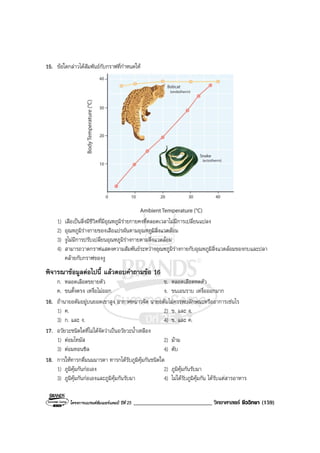 โครงการแบรนดซัมเมอรแคมป ปที่ 25 ___________________________ วิทยาศาสตร ชีววิทยา (159)
15. ขอใดกลาวไดสัมพันธกับกราฟที่กําหนดให
1) เสือเปนสิ่งมีชีวิตที่มีอุณหภูมิรายกายคงที่ตลอดเวลาไมมีการเปลี่ยนแปลง
2) อุณหภูมิรางกายของเสือแปรผันตามอุณหภูมิสิ่งแวดลอม
3) งูไมมีการปรับเปลี่ยนอุณหภูมิรางกายตามสิ่งแวดลอม
4) สามารถวาดกราฟแสดงความสัมพันธระหวางอุณหภูมิรางกายกับอุณหภูมิสิ่งแวดลอมของกบและปลา
คลายกับกราฟของงู
พิจารณาขอมูลตอไปนี้ แลวตอบคําถามขอ 16
ก. หลอดเลือดขยายตัว ข. หลอดเลือดหดตัว
ค. ขนตั้งตรง เหงื่อไมออก ง. ขนเอนราบ เหงื่อออกมาก
16. ถานายอดัมอยูบนยอดเขาสูง อากาศหนาวจัด นายอดัมไมควรพบลักษณะหรืออาการเชนไร
1) ค. 2) ข. และ ง.
3) ก. และ ง. 4) ข. และ ค.
17. อวัยวะชนิดใดที่ไมไดจัดวาเปนอวัยวะน้ําเหลือง
1) ตอมไทมัส 2) มาม
3) ตอมทอนซิล 4) ตับ
18. การใหทารกดื่มนมมารดา ทารกไดรับภูมิคุมกันชนิดใด
1) ภูมิคุมกันกอเอง 2) ภูมิคุมกันรับมา
3) ภูมิคุมกันกอเองและภูมิคุมกันรับมา 4) ไมไดรับภูมิคุมกัน ไดรับแตสารอาหาร
 