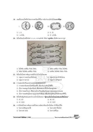 วิทยาศาสตร ชีววิทยา (160)___________________________ โครงการแบรนดซัมเมอรแคมป ปที่ 25
19. เซลลในระยะใดที่นักวิทยาศาสตรนิยมใชในการนับจํานวนโครโมโซมมากที่สุด
I. II. III. IV.
1) I., II. 2) II., III.
3) I. เทานั้น 4) IV. เทานั้น
20. ขอใดเขียนนิวคลีโอไทด ก, ข, ค, ง ตามลําดับ ไดอยางถูกตอง เมื่อพิจารณาจากรูป
1) ไซโทซีน อะดีนีน กัวนีน ไทมีน 2) ไทมีน อะดีนีน กัวนีน ไซโทซีน
3) ไทมีน ไซโทซีน อะดีนีน กัวนีน 4) อะดีนีน ไซโทซีน ไทมีน กัวนีน
21. ขอใดเปนโรคทางพันธุกรรมที่เกี่ยวกับโครโมโซมเพศ
1) กลุมอาการเทอรเนอรซินโดรม 2) กลุมอาการพาทัวซินโดรม
3) กลุมอาการดาวน 4) กลุมอาการคริดูชาต
22. การผสมกลับหรือแบคครอสหมายถึงขอใดตอไปนี้
1) การผสมกลับฮอมอไซกัสรีเซสซีพ เพื่อปรับปรุงพันธุใหดีขึ้น
2) เปนการผสมลูกกับพอหรือแม เพื่อทดสอบหาจีโนไทปของลูกผสม
3) เปนการผสมกันเอง เพื่อนําผลไปเปรียบเทียบกับผลการทดลองแบบเมนเดล
4) เปนการผสมพันธุโดยนํารุนลูกผสมกับพอแม เพื่อปรับปรุงพันธุใหไดลักษณะที่ดีขึ้น
23. ขอใดคือสัญลักษณแสดงจํานวนโครโมโซมของ “ผูชายเปนโรคไคลนเฟลเทอรซินโดรม”
1) 47, XY 2) 46, XY
3) 47, XXX 4) 47, XXY
24. การวินิจฉัยโรคทางพันธุกรรมที่เกิดความผิดปกติของโครโมโซม ทําไดโดยวิธีใด
1) วิเคราะหพันธุประวัติ 2) วิเคราะหคารีโอไทป
3) วิเคราะห DNA 4) วิเคราะหจีโนม
 