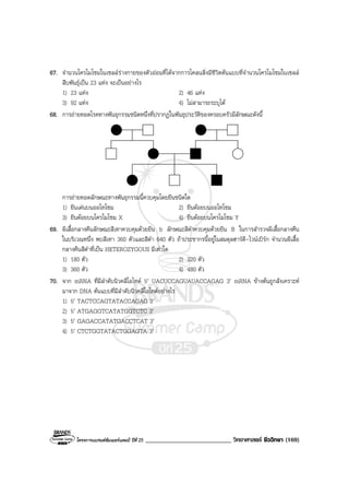 โครงการแบรนดซัมเมอรแคมป ปที่ 25 ___________________________ วิทยาศาสตร ชีววิทยา (169)
67. จํานวนโครโมโซมในเซลลรางกายของตัวออนที่ไดจากการโคลนสิ่งมีชีวิตตนแบบที่จํานวนโครโมโซมในเซลล
สืบพันธุเปน 23 แทง จะเปนอยางไร
1) 23 แทง 2) 46 แทง
3) 92 แทง 4) ไมสามารถระบุได
68. การถายทอดโรคทางพันธุกรรมชนิดหนึ่งที่ปรากฏในพันธุประวัติของครอบครัวมีลักษณะดังนี้
การถายทอดลักษณะทางพันธุกรรมนี้ควบคุมโดยยีนชนิดใด
1) ยีนเดนบนออโทโซม 2) ยีนดอยบนออโทโซม
3) ยีนดอยบนโครโมโซม X 4) ยีนดอยบนโครโมโซม Y
69. ผีเสื้อกลางคืนลักษณะสีเทาควบคุมดวยยีน b ลักษณะสีดําควบคุมดวยยีน B ในการสํารวจผีเสื้อกลางคืน
ในบริเวณหนึ่ง พบสีเทา 360 ตัวและสีดํา 640 ตัว ถาประชากรนี้อยูในสมดุลฮารดี-ไวนเบิรก จํานวนผีเสื้อ
กลางคืนสีดําที่เปน HETEROZYGOUS มีเทาใด
1) 180 ตัว 2) 320 ตัว
3) 360 ตัว 4) 480 ตัว
70. จาก mRNA ที่มีลําดับนิวคลีโอไทด 5’ UACUCCAGUAUACCAGAG 3’ mRNA ขางตนถูกสังเคราะห
มาจาก DNA ตนแบบที่มีลําดับนิวคลีโอไทดอยางไร
1) 5’ TACTCCAGTATACCAGAG 3’
2) 5’ ATGAGGTCATATGGTCTC 3’
3) 5’ GAGACCATATGACCTCAT 3’
4) 5’ CTCTGGTATACTGGAGTA 3’
 