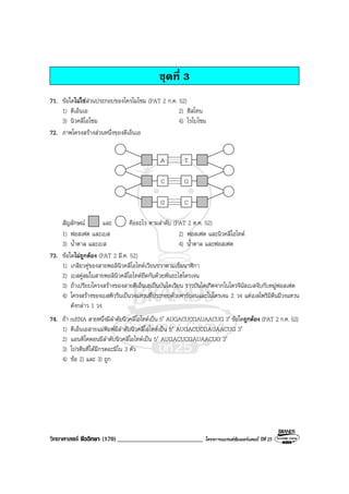 วิทยาศาสตร ชีววิทยา (170)___________________________ โครงการแบรนดซัมเมอรแคมป ปที่ 25
ชุดที่ 3
71. ขอใดไมใชสวนประกอบของโครโมโซม (PAT 2 ก.ค. 52)
1) ดีเอ็นเอ 2) ฮีสโทน
3) นิวคลีโอโซม 4) ไรโบโซม
72. ภาพโครงสรางสวนหนึ่งของดีเอ็นเอ
A T
C G
G C
สัญลักษณ และ คืออะไร ตามลําดับ (PAT 2 ต.ค. 52)
1) ฟอสเฟต และเบส 2) ฟอสเฟต และนิวคลีโอไทด
3) น้ําตาล และเบส 4) น้ําตาล และฟอสเฟต
73. ขอใดไมถูกตอง (PAT 2 มี.ค. 52)
1) เกลียวคูของสายพอลินิวคลีโอไทดเวียนขวาตามเข็มนาฬิกา
2) เบสคูสมในสายพอลินิวคลีโอไทดยึดกันดวยพันธะไฮโดรเจน
3) ถาเปรียบโครงสรางของสายดีเอ็นเอเปนบันไดเวียน ราวบันไดเกิดจากไนโตรจีนัสเบสจับกับหมูฟอสเฟต
4) โครงสรางของเบสพิวรีนเปนวงแหวนที่ประกอบดวยคารบอนและไนโตรเจน 2 วง แตเบสไพริมิดีนมีวงแหวน
ดังกลาว 1 วง
74. ถา mRNA สายหนึ่งมีลําดับนิวคลีโอไทดเปน 5′ AUGACUCGAUAACUG 3′ ขอใดถูกตอง (PAT 2 ก.ค. 52)
1) ดีเอ็นเอสายแมพิมพมีลําดับนิวคลีโอไทดเปน 5′ AUGACUCGAUAACUG 3′
2) แอนติโคดอนมีลําดับนิวคลีโอไทดเปน 5′ AUGACUCGAUAACUG 3′
3) โปรตีนที่ไดมีกรดอะมิโน 3 ตัว
4) ขอ 2) และ 3) ถูก
 
