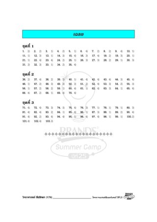 วิทยาศาสตร ชีววิทยา (176)___________________________ โครงการแบรนดซัมเมอรแคมป ปที่ 25
เฉลย
ชุดที่ 1
1. 2) 2. 2) 3. 1) 4. 2) 5. 1) 6. 4) 7. 2) 8. 2) 9. 4) 10. 1)
11. 1) 12. 3) 13. 1) 14. 3) 15. 4) 16. 3) 17. 4) 18. 2) 19. 3) 20. 1)
21. 1) 22. 4) 23. 4) 24. 2) 25. 1) 26. 3) 27. 3) 28. 2) 29. 1) 30. 3)
31. 3) 32. 3) 33. 1) 34. 2) 35. 4)
ชุดที่ 2
36. 2) 37. 4) 38. 2) 39. 3) 40. 1) 41. 4) 42. 4) 43. 4) 44. 3) 45. 4)
46. 1) 47. 2) 48. 3) 49. 3) 50. 3) 51. 2) 52. 4) 53. 3) 54. 2) 55. 3)
56. 1) 57. 2) 58. 2) 59. 1) 60. 4) 61. 1) 62. 4) 63. 3) 64. 1) 65. 4)
66. 4) 67. 2) 68. 1) 69. 4) 70. 4)
ชุดที่ 3
71. 4) 72. 4) 73. 3) 74. 3) 75. 4) 76. 3) 77. 1) 78. 1) 79. 1) 80. 3)
81. 4) 82. 4) 83. 2) 84. 1) 85. 4) 86. 1) 87. 3) 88. 1) 89. 2) 90. 4)
91. 4) 92. 2) 93. 4) 94. 4) 95. 1) 96. 4) 97. 4) 98. 1) 99. 1) 100.2)
101.4) 102.4) 103.3)
 