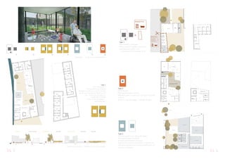 MAISON - EXISTANT MAISON - EXISTANT MAISON - EXISTANTUNITE CLASSIQUE - PATIOUNITE CLASSIQUE - MAISONECHANGEUR + ASSAINISSEMENTUNITE ALZHEIMER
Module PLUS
Avec sanitaire PMR,
ascenseur et
balnéothérapie peut
se greffer aux
maions existantes
Type 1
Pavillonnaire classique
Maison quatre façades existante
au milieu d'un jardin clos
+ ajout possible du module PLUS
Type 4
Unité Alzheimer -
Plan pavillonnaire inversé
Bâtiment tourné sur un patio central
au rez-de-chaussée et fermé sur la
rue - ouverture visuelle sur
l'extérieur à l'étage
Accès à l'eau du dogger -
balnéothérapie
Gabarits péri-urbain / Elévation de l'unité alzheimer
Typologies - ré-écriture du pavillonnaire
1. 2. 3. 4. 5. 6.
Type 6
Unité Accueil
Plan pavillonnaire inversé
Bâtiment public, ouvert sur la rue et le jardin
central.
Accès à l eau du dogger - balnéothérapie
Type 5
Thermes publics sur deux parcelles.
Plan pavillonnaire inversé
et plan pavillonnaire classique
Clos sur la rue pour conserver l intimité, en-
tièrement poreux entre bassins intérieurs et
bassins extérieurs
04.404.3
+
Module PLUS
 