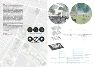 02 OCCUPIED MONTREUIL
Tout espace habité est adaptable parce qu’il y a toujours
un écart entre le trait du concepteur et l’usage réel du
bâtiment. Tout espace se construit selon un premier
chantier (celui du concepteur) qui enclenche un deu-
xième chantier (celui de l’habitant).
La ville adaptable sera celle où ces deux temporalités
prendront en charge le projet urbain et non uniquement
le projet architectural. La ville adaptable sera celle où
la puissance publique réalisera un chantier primaire qui
servira de base en même temps que de cadre pour les
projets multiples et imprévisibles qui font la ville, le chan-
tier secondaire.
Ce chantier primaire est un acte militant, une occupation
volontaire et limitée du sol qui oriente, stimule les projets
futurs du quartier et construit des espaces publics pro-
visoires. Dans les hauts de Montreuil, il est matérialisé
par des patios urbains, une occupation ciblée de parcel-
les qui constituent un réseau de points d’entrée et d’in-
térieurs d’îlots
Les points d’entrée, les portes, sont occupés par des «
toitures activantes», des outils qui facilitent l’implantation
d’activités productives en même temps qu’ils facilitent la
densiﬁcation.
Les intérieurs d’îlots sont occupés par une « toiture prés-
ervante », une trame de bouleau qui garantit des espa-
ces non construits au cœur de la ville, les lieux fonda-
mentaux du partage et de la solidarité.
Sur et autour de ce chantier primaire se développera le
chantier secondaire du quartier, celui que nous ne vou-
lons pas anticiper.
Intérieurs d’îlots / Toiture préservante
Chantier primaire Chantier secondaire
Porte / Toiture activante
Chantier secondaire futur
Chantier primaire
structure renforçable
Chantier primaire
structure principale
Chantier secondaire futur
Module 5x5m
Epaisseur technique
EUROPAN 13
Avril-Juin 2015
Avec T.Journel, J.Colin, R. Priore
02.1 02.2
 