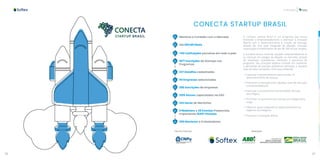28 29
Inovação
CONECTA STARTUP BRASIL
Mentoria e Conexão com o Mercado
Até 200 Mil Reais
+50 Instituições parceiras em todo o país
1877 Inscrições de Startups nos
Programas
237 Desafios cadastrados
50 Empresas selecionadas
288 inscrições de empresas
1209 Alunos capacitados via EAD
144 Horas de Mentorias
9 Webinars e 38 Eventos Presenciais,
Impactando 10457 Pessoas
395 Mentores e Embaixadores
O Conecta Startup Brasil é um programa que busca
fomentar o empreendedorismo e estimular a Inovação
Aberta com o desenvolvimento e criação de startups,
através de uma ação integrada de ideação, conexão,
capacitação e investimento de até R$ 200 mil por projeto.
A iniciativa busca conectar equipes empreendedoras e/
ou startups em estágio de ideação ao mercado, através
de empresas, investidores, mentores e parceiros do
programa. Seu principal objetivo consiste em aumentar
a densidade de startups brasileiras alinhadas a desafios
reais do setor produtivo. Para isso, pretende:
• Capacitar empreendedores para auxiliar no
desenvolvimento da startup;
• Fomentar a interação entre desafios reais de mercado
e empreendedores;
• Estimular o ecossistema empreendedor de base
tecnológica;
• Promover o nascimento de startups em estágio early
stage;
• Oferecer apoio integrado ao desenvolvimento de
negócios tecnológicos;
• Fomentar a inovação aberta.
Parceiro Executor: Realização:
 