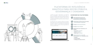 110 111
Inteligência PLATAFORMA DE INTELIGÊNCIA
PLATAFORMA DE INTELIGÊNCIA
ANALÍTICA PARA GESTÃO PÚBLICA,
GOVERNANÇA E CIDADANIA
O objetivo do projeto é disponibilizar uma plataforma
técnica, metodológica e informacional para apoiar os
processos de gestão e elaboração de políticas públicas. A
plataforma é composta de ferramentas, dados, métodos
e múltiplas especialidades consultivas, que formam um
cluster de conhecimento colaborativo, analítico e preditivo
de dados abertos.
Os públicos-alvo são os gestores públicos de qualquer
esferadegovernomunicipal,estadualoufederal,empresas,
instituições acadêmicas, empreendedores e interessados
em geral. O projeto é uma iniciativa do Ministério da
Ciência, Tecnologia, Inovações e Comunicações (MCTIC),
com execução da Softex.
OVERVIEW DA PLATAFORMA
Disponibilização de Recursos
de Avaliação e Planejamento e
Monitoramento de Indicadores
Implantação do Barramento de dados
- Conectividade e Integração
Criação Canal Empreendedor
Criação Canal Cidadão
Mapeamento de 3 temáticas e 22
painéis:
• Educação: 12 painéis
• Saúde: 4 painéis
• Segurança: 6 painéis
Mapeamento de 2 canais de
comunicação e um catálogo de APIs:
• Cidadão
• Empreendedor
• Catálogo de Dados de API´s
 