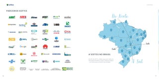 16 17
A SOFTEX
PARCEIROS SOFTEX
A SOFTEX NO BRASIL
No ano de 2019, a Softex atuou em todos os
26 estados brasileiros mais o Distrito Federal
– um marco para a história da entidade.
A Sul
De Norte
A Sul
Leste
Oeste
 