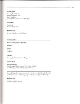 181


UPPER ARMS

Standing Barbell Curls
Seated Dumbbell Curls
Close-Grip Press
Standing Triceps Extensions with Barbell

FOREARMS

Wrist Curls
Reverse Wrist Curls


ABDOMINALS

Reverse Crunches, 5 sets of 25 reps




WORKOUT       #3
Wednesday and Saturday
THIGHS

Squats
Lunges
Leg Curls

CALVES

Standing Calf Raises, 5 sets of 15 reps each

LOWER BACK

Power Training
Straight-Leg Deadlifts, 3 sets of 10,6,4 reps to failure
Good Mornings, 3 sets of 10,6,4 reps to failure



Note: Although these power movements work the lower back directly, they also
involve the trapezius and the leg biceps, and help to develop overall strength.

ABDOMINALS

Crunches, 5 sets of 25 reps
 
