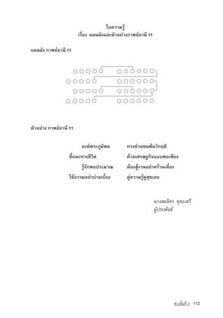 ãº¤ÇÒÁÃÙˆ
                        àÃ×èÍ§ á¼¹¼Ñ§áÅÐµÑÇÍÂ‡Ò§¡Ò¾Â‹ÂÒ¹Õ 11

á¼¹¼Ñ§ ¡Ò¾Â‹ÂÒ¹Õ 11




µÑÇÍÂ‡Ò§ ¡Ò¾Â‹ÂÒ¹Õ 11

                         Í§¤‹¾ÃÐÀÙÁÔ¾Å         ·Ã§ª‡ÇÂª¹¾ˆ¹ÇÔ¡ÄµÔ
                  ªÕéá¹Ð·Ò§ªÕÇÔµ               ´ˆÇÂàÈÃÉ°¡Ô¨áºº¾Íà¾ÕÂ§
                         ÃÙˆ¨Ñ¡¾Í»ÃÐÁÒ³        µˆÍ§ÊÙˆ§Ò¹ÍÂ‡Ò¤ÃˆÒ¹àÅÕèÂ§
                  ãªˆ¸ÃÃÁÍÂ‡Òº‡ÒÂàºÕèÂ§        ¤Ù‡¤ÇÒÁÃÙˆ´ÙÊØ¢àÍÂ

                                                      						
                                                      		      ¹Ò§ÊÁ¨ÔµÃ  ËØµÐàÊÇÕ
                                                           		 ¼Ùˆ»ÃÐ¾Ñ¹¸‹




                                                                           ª‡Ç§ªÑé¹·Õè 3   112
 