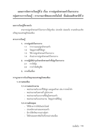 á¼¹¡ÒÃ¨Ñ´¡ÒÃàÃÕÂ¹ÃÙˆ·Õè 2 àÃ×èÍ§ ¡ÒÃ»ÅÙ¡¼Ñ¡ÊÇ¹¤ÃÑÇã¹¡ÃÐ¶Ò§
¡ÅØ‡ÁÊÒÃÐ¡ÒÃàÃÕÂ¹ÃÙˆ : ¡ÒÃ§Ò¹ÍÒªÕ¾áÅÐà·¤â¹âÅÂÕ ªÑé¹ÁÑ¸ÂÁÈÖ¡ÉÒ»Ü·Õè 2


¼Å¡ÒÃàÃÕÂ¹ÃÙˆ·Õè¤Ò´ËÇÑ§
         ÊÒÁÒÃ¶»ÅÙ¡¼Ñ¡ÊÇ¹¤ÃÑÇã¹¡ÃÐ¶Ò§ä´ˆ¶Ù¡µˆÍ§ »ÃÐËÂÑ´ »ÅÍ´ÀÑÂ µÒÁËÅÑ¡á¹Ç¤Ô´
ปรัชญา¢Í§àÈÃÉ°¡Ô¨¾Íà¾ÕÂ§

ÊÒÃÐ¡ÒÃàÃÕÂ¹ÃÙˆ
          1. ¡ÒÃ»ÅÙ¡¼Ñ¡ã¹¡ÃÐ¶Ò§
             1.1 ¡ÒÃÇÒ§á¼¹»ÅÙ¡¼Ñ¡ÊÇ¹¤ÃÑÇ
             1.2 ÇÑÊ´ØÍØ»¡Ã³‹·Õèãªˆ»ÅÙ¡
             1.3 ÇÔ¸Õ¡ÒÃ»ÅÙ¡¼Ñ¡ÊÇ¹¤ÃÑÇã¹¡ÃÐ¶Ò§
             1.4 µÑÇÍÂ‡Ò§¡ÒÃ»ÅÙ¡¼Ñ¡ÊÇ¹¤ÃÑÇã¹¡ÃÐ¶Ò§
          2. ¡ÒÃ»¯ÔºÑµÔºÓÃØ§ÃÑ¡ÉÒ¼Ñ¡ÊÇ¹¤ÃÑÇ·Õè»ÅÙ¡ã¹¡ÃÐ¶Ò§
             2.1 ¡ÒÃãËˆ»Ø…Â
             2.2 ¡ÒÃ¡Ó¨Ñ´ÈÑµÃÙ¾×ª
          3. ¡ÒÃà¡çºà¡ÕèÂÇ

¡ÒÃºÙÃ³Ò¡ÒÃ¡Ñºปรัชญา¢Í§àÈÃÉ°¡Ô¨¾Íà¾ÕÂ§
    1. ความพอเพียง
          1.1 ¤ÇÒÁ¾Í»ÃÐÁÒ³
              - ¾Í»ÃÐÁÒ³¡ÑºàÇÅÒ·Õèãªˆ»ÅÙ¡ áÅÐ´ÙáÅÃÑ¡ÉÒ àª‡¹ ¡ÒÃÃ´¹้ำ¼Ñ¡
              - ¾Í»ÃÐÁÒ³¡ÑºÊ¶Ò¹·Õè ภูมิประเทศ
              - ¾Í»ÃÐÁÒ³¡ÑºáÃ§§Ò¹·ÕèÁÕÍÂÙ‡ã¹¤ÃÍº¤ÃÑÇ
              - ¾Í»ÃÐÁÒ³¡Ñº§º»ÃÐÁÒ³ ÇÑÊ´ØÍØ»¡Ã³‹·ÕèÁÕÍÂÙ‡
          1.2 ¤ÇÒÁÁÕàËµØ¼Å
              - ä´ˆãªˆàÇÅÒÇ‡Ò§ãËˆà»—¹»ÃÐâÂª¹‹
              - »ÃÐËÂÑ´ÃÒÂ¨‡ÒÂ¢Í§¤ÃÍº¤ÃÑÇ
              - ÁÕ¡ÒÃãªˆ·ÃÑ¾ÂÒ¡ÃÍÂ‡Ò§¤ØˆÁ¤‡Ò
              - ä´ˆ¼Ñ¡»ÅÍ´ÊÒÃ¾ÔÉäÇˆºÃÔâÀ¤อยางตอเนื่อง


                                                                          ª‡Ç§ªÑé¹·Õè 3   118
 