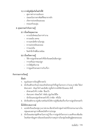 1.3 ¡ÒÃÁÕÀÙÁÔ¤ØˆÁ¡Ñ¹ã¹µÑÇ·Õè´Õ
              - ÊØ¢ÀÒ¾Ã‡Ò§¡ÒÂá¢ç§áÃ§
              - »ÅÍ´ÀÑÂ¨Ò¡ÊÒÃ¾ÔÉ·ÕèµÔ´ÁÒ¨Ò¡¼Ñ¡
              - à¡Ô´¡ÒÃ»ÃÐËÂÑ´áÅÐÍÍÁ
              - ¤ÃÍº¤ÃÑÇÍºÍØ‡¹
    2. คุณธรรมกำกับความรู
          2.1 à§×èÍ¹ä¢¤Ø³¸ÃÃÁ
              - ¤ÇÒÁÃÑº¼Ô´ªÍºã¹¡ÒÃ·Ó§Ò¹
              - ¤ÇÒÁ¢ÂÑ¹ Í´·¹
              - ¤ÇÒÁÊÒÁÑ¤¤ÕÀÒÂã¹¡ÅØ‡Á
              - ¤ÇÒÁ»ÃÐËÂÑ´áÅÐÍÍÁ
              - ¡ÒÃáº‡§»•¹
              - จิตสำนึกรักษสิ่งแวดลอม
          2.2 à§×èÍ¹ä¢¤ÇÒÁÃÙˆ
              - ÇÔ¸Õ¡ÒÃ»ÅÙ¡¼Ñ¡ÊÇ¹¤ÃÑÇ·Õè¹Ñ¡àÃÕÂ¹Ê¹ã¨àÅ×Í¡»ÅÙ¡
              - ¡ÒÃàµÃÕÂÁÀÒª¹Ð»ÅÙ¡
              - ¡ÒÃãªˆ»Ø…ÂªÕÇÀÒ¾
              - ¡ÒÃ´ÙáÅÃÑ¡ÉÒáÅÐ¡ÒÃà¡çºà¡ÕèÂÇ

¡Ô¨¡ÃÃÁ¡ÒÃàÃÕÂ¹ÃÙˆ
          ¢Ñé¹¹Ó
          1. ¤ÃÙá¨ˆ§¼Å¡ÒÃàÃÕÂ¹ÃÙˆ·Õè¤Ò´ËÇÑ§
          2. ¹Ñ¡àÃÕÂ¹ÈÖ¡ÉÒµÑÇÍÂ‡Ò§¢Í§¨ÃÔ§¼Ñ¡ÊÇ¹¤ÃÑÇ·Õè»ÅÙ¡ã¹¡ÃÐ¶Ò§ ¨Ó¹Ç¹ 3 ª¹Ô´ ä´ˆá¡‡
               µˆ¹¡Ðà¾ÃÒ µˆ¹µÐä¤Ãˆ áÅÐµˆ¹¢Ô§ ¤ÃÙµÑé§¤Ó¶ÒÁãËˆ¹Ñ¡àÃÕÂ¹µÍº ´Ñ§¹Õé
               - ¼Ñ¡ÊÇ¹¤ÃÑÇ·Ñé§ 3 ª¹Ô´ ª×èÍÍÐäÃ
               - µˆ¹¡Ðà¾ÃÒ µˆ¹µÐä¤Ãˆ µˆ¹¢Ô§ »ÅÙ¡â´ÂÇÔ¸Õã´
               - ¹Ñ¡àÃÕÂ¹à¤Â»ÅÙ¡¼Ñ¡ÊÇ¹¤ÃÑÇ·Ñé§ 3 ª¹Ô´ ËÃ×ÍäÁ‡
          3. ¹Ñ¡àÃÕÂ¹«Ñ¡¶ÒÁ ¤ÃÙÍ¸ÔºÒÂ¾ÃˆÍÁ¡ÑºãËˆ¤ÇÒÁÃÙà¾ÔÁàµÔÁà¡ÕÂÇ¡Ñº¡ÒÃ»ÅÙ¡¼Ñ¡ÊÇ¹¤ÃÑÇ
                                                        ˆ è       è
          ¢Ñé¹ãËˆ»ÃÐÊº¡ÒÃ³‹
          1. áº‡§¹Ñ¡àÃÕÂ¹à»—¹¡ÅØ‡Áæ ÅÐ 5-6 ¤¹ àÅ×Í¡ËÑÇË¹ˆÒ¡ÅØ‡Á·ÓË¹ˆÒ·Õè»ÃÐÊÒ¹§Ò¹ÀÒÂã¹
               ¡ÅØ‡ÁáÅÐàÅ¢Ò¹Ø¡ÒÃà¾×èÍ¨´ºÑ¹·Ö¡¡ÒÃ»ÃÐªØÁ
          2. ¹Ñ¡àÃÕÂ¹áµ‡ÅÐ¡ÅØÁÈÖ¡ÉÒãº¤ÇÒÁÃÙˆ àÃ×Í§ ¡ÒÃ»ÅÙ¡¼Ñ¡ã¹¡ÃÐ¶Ò§ áÅÐÈÖ¡ÉÒà¾ÔÁàµÔÁ
                              ‡                 è                                 è
               â´Â¤ˆ¹ËÒ¢ˆÍÁÙÅ·Ò§ÍÔ¹àµÍÃ‹à¹µÍÀÔ»ÃÒÂÊÃØ»ÀÒÂã¹¡ÅØ‡Áâ´ÂÁÕ¤ÃÙ¼ÙˆÊÍ¹¤ÍÂá¹Ð

                                                                         ª‡Ç§ªÑé¹·Õè 3   119
 