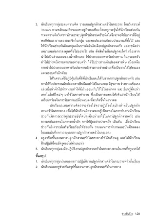 3. ¹Ñ¡àÃÕÂ¹·Ø¡¡ÅØ‡ÁÃÐ´Á¤ÇÒÁ¤Ô´ ÇÒ§á¼¹»ÅÙ¡¼Ñ¡ÊÇ¹¤ÃÑÇã¹¡ÃÐ¶Ò§ â´ÂÇÔà¤ÃÒÐË‹
   ÇÒ§á¼¹ µÒÁËÅÑ¡á¹Ç¤Ô´¢Í§àÈÃÉ°¡Ô¨¾Íà¾ÕÂ§ â´Â¤ÃÙ¡ÃÐµØˆ¹ãËˆ¹Ñ¡àÃÕÂ¹ª‡ÇÂ¡Ñ¹
   ÃÐ´Á¤ÇÒÁ¤Ô´ÇÔà¤ÃÒÐË‹ÇÒ¤ÇÃ¨Ð»ÅÙ¡¾×ª¼Ñ¡ÊÇ¹¤ÃÑÇª¹Ô´ã´¨Ö§¨Ð¾Í´Õ¡ºàÇÅÒ·ÕÁÍÂÙ‡
                          ‡                                     Ñ       è Õ
   ¾Í´Õ¡ÑºáÃ§§Ò¹¢Í§ÊÁÒªÔ¡ã¹¡ÅØ‡Á áÅÐ¾Í»ÃÐÁÒ³¡Ñº§º»ÃÐÁÒ³·ÕèµÑé§äÇˆ áÅÐ
   ãËˆ¹Ñ¡àÃÕÂ¹ª‡ÇÂ¡Ñ¹¤Ô´àËµØ¼Åã¹¡ÒÃµÑ´ÊÔ¹ã¨àÅ×Í¡»ÅÙ¡¼Ñ¡ÊÇ¹¤ÃÑÇ áµ‡ÅÐª¹Ô´Ç‡Ò
   àËÁÒÐÊÁµ‡Í¡ÒÃÅ§·Ø¹ËÃ×ÍäÁ‡ÍÂ‡Ò§äÃ àª‡¹ µÑ´ÊÔ¹ã¨àÅ×Í¡»ÅÙ¡µÐä¤Ãˆ à¹×èÍ§¨Ò¡
   ¹Óä»à»—¹Ê‡Ç¹¼ÊÁ¢Í§น้ำ¾ÃÔ¡á¡§ ãªˆ»ÃÐ¡ÍºÍÒËÒÃÃÑº»ÃÐ·Ò¹ ã¹¤ÃÍº¤ÃÑÇ
   ·ÓãËˆ»ÃÐËÂÑ´ÃÒÂ¨‡ÒÂ¢Í§¤ÃÍº¤ÃÑÇ ä´ˆÃÑº»ÃÐ·Ò¹¼Ñ¡»ÅÍ´ÊÒÃ¾ÔÉ àÁ×èÍàËÅ×Í
   ¨Ò¡¹Óä»»ÃÐ¡ÍºÍÒËÒÃÃÑº»ÃÐ·Ò¹ÂÑ§ÊÒÁÒÃ¶¨ÓË¹‡ÒÂà¾×èÍà»—¹ÃÒÂä´ˆãËˆµ¹àÍ§
   áÅÐ¤ÃÍº¤ÃÑÇÍÕ¡´ˆÇÂ
          ãËˆÇà¤ÃÒÐË‹¶§ÀÙÁ¤Á¡Ñ¹·Õ´·¹¡àÃÕÂ¹¨Ðä´ˆÃº¨Ò¡¡ÒÃ»ÅÙ¡¼Ñ¡ÊÇ¹¤ÃÑÇ àª‡¹
              Ô       Ö Ô ˆØ      è Õ èÕ Ñ       Ñ
   ¡ÒÃä´ˆÃº»ÃÐ·Ò¹¼Ñ¡»ÅÍ´ÊÒÃ¾ÔÉÁÕ¼Å·ÓãËˆã¹Í¹Ò¤µ ÁÕÊ¢ÀÒ¾ Ã‡Ò§¡ÒÂá¢ç§áÃ§
           Ñ                                           Ø
   áÅÐàÁ×èÍ¹Ó¼Ñ¡ä»¨ÓË¹‡ÒÂ·ÓãËˆÁÕà§Ô¹ÍÍÁà¡çºäÇˆãªˆã¹Í¹Ò¤µ áÅÐàÃÕÂ¹ÃÙˆ·Õè¨Ð¹Ó
   à·¤â¹âÅÂÕãËÁ‡æ ÁÒãªˆã¹¡ÒÃ·Ó§Ò¹ «Öè§à»—¹¡ÒÃáÊ´§ãËˆàËç¹Ç‡Ò¹Ñ¡àÃÕÂ¹ä´ˆ
   àµÃÕÂÁ¾ÃˆÍÁã¹¡ÒÃÃÑº¤ÇÒÁà»ÅÕèÂ¹á»Å§·Õè¨Ðà¡Ô´¢Öé¹ã¹Í¹Ò¤µ
          ¹Ñ¡àÃÕÂ¹ÃÐ´Á¤ÇÒÁ¤Ô´Ç‡Ò¨ÐµˆÍ§ãªˆ¤ÇÒÁÃÙˆàÃ×èÍ§ã´ºˆÒ§ÊÓËÃÑº»ÅÙ¡¼Ñ¡
   ÊÇ¹¤ÃÑÇã¹¡ÃÐ¶Ò§ à¾×èÍãËˆ¹Ñ¡àÃÕÂ¹ÁÕ¤ÇÒÁÃÍºÃÙˆà¾ÕÂ§¾Íã¹¡ÒÃ·Ó§Ò¹¹Ñ¡àÃÕÂ¹
   ª‡ÇÂ¡Ñ¹¾Ô¨ÒÃ³ÒÇ‡Ò¤Ø³¸ÃÃÁ¢ˆÍã´ºˆÒ§·Õè¨Ð¹ÓÁÒãªˆã¹¡ÒÃ»ÅÙ¡¼Ñ¡ÊÇ¹¤ÃÑÇ àª‡¹
   ¤ÇÒÁ¢ÂÑ¹Í´·¹ã¹¡ÒÃÃ´น้ำ¼Ñ¡ ¡ÒÃãªˆ»Ø…ÂÍÂ‡Ò§»ÃÐËÂÑ´ à»—¹µˆ¹ àÁ×èÍ¹Ñ¡àÃÕÂ¹
   ª‡ÇÂ¡Ñ¹ÇÔà¤ÃÒÐË‹àÊÃç¨àÃÕÂºÃˆÍÂãËˆª‡ÇÂ¡Ñ¹ ÇÒ§á¼¹¡ÒÃ·Ó§Ò¹áÅÐºÑ¹·Ö¡¼ÅÅ§
   ã¹áºººÑ¹·Ö¡¡ÒÃÇÒ§á¼¹¡ÒÃ»ÅÙ¡¼Ñ¡ÊÇ¹¤ÃÑÇã¹¡ÃÐ¶Ò§
4. ¤ÃÙÊÒ¸Ôµ¢Ñé¹µÍ¹¡ÒÃ»ÅÙ¡¼Ñ¡ÊÇ¹¤ÃÑÇã¹¡ÃÐ¶Ò§ãËˆ¹Ñ¡àÃÕÂ¹´Ù áÅÐãËˆ¹Ñ¡àÃÕÂ¹
   ½Ý¡»¯ÔºÑµÔâ´ÂÁÕ¤ÃÙ¤ÍÂãËˆ¤Óá¹Ð¹Ó
5. ¹Ñ¡àÃÕÂ¹·Ø¡¡ÅØÁÅ§Á×Í»¯Ôºµ§Ò¹»ÅÙ¡¼Ñ¡ÊÇ¹¤ÃÑÇã¹¡ÃÐ¶Ò§µÒÁãº§Ò¹·Õ¤ÃÙá¨¡ãËˆ
                 ‡           Ñ Ô                                  è
¢Ñé¹ÊÃØ»
1. ¹Ñ¡àÃÕÂ¹·Ø¡¡ÅØÁ¹ÓàÊ¹Í¼Å¡ÒÃ»¯Ôºµ§Ò¹»ÅÙ¡¼Ñ¡ÊÇ¹¤ÃÑÇã¹¡ÃÐ¶Ò§Ë¹ˆÒªÑ¹àÃÕÂ¹
                 ‡                  Ñ Ô                          é
2. ¹Ñ¡àÃÕÂ¹áÅÐ¤ÃÙª‡ÇÂ¡Ñ¹ÊÃØ»¢Ñé¹µÍ¹¡ÒÃ»ÅÙ¡¼Ñ¡ÊÇ¹¤ÃÑÇã¹¡ÃÐ¶Ò§		




                                                             ª‡Ç§ªÑé¹·Õè 3   120
 