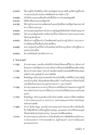 ¤ 5.3(1) :   ãªˆ¤ÇÒÁÃÙà¡ÕÂÇ¡ÑºÊ¶Ôµã¹¡ÒÃ¾Ô¨ÒÃ³Ò¢ˆÍÁÙÅ¢‡ÒÇÊÒÃ·Ò§Ê¶ÔµÔ áÅÐãªˆ¤ÇÒÁÃÙà¡ÕÂÇ¡Ñº
                        ˆ è        Ô                                               ˆ è
             ¤ÇÒÁ¹‡Ò¨Ðà»—¹»ÃÐ¡Íºã¹¡ÒÃµÑ´ÊÔ¹ã¨Ê¶Ò¹¡ÒÃ³‹µ‡Ò§æ ä´ˆ
¤ 5.3(2) :   à¢ˆÒã¨¶Ö§¤ÇÒÁ¤ÅÒ´à¤Å×èÍ¹·ÕèÍÒ¨à¡Ô´¢Öé¹ä´ˆ¨Ò¡¡ÒÃ¹ÓàÊ¹Í¢ˆÍÁÙÅÊ¶ÔµÔ
¤ 6.1(1) :   ãªˆÇÔ¸Õ¡ÒÃ·ÕèËÅÒ¡ËÅÒÂá¡ˆปัญหาä´ˆ
¤ 6.1(2) :   ãªˆ¤ÇÒÁÃÙˆ ¡ÃÐºÇ¹¡ÒÃ·Ò§¤³ÔµÈÒÊµÃ‹ áÅÐà·¤â¹âÅÂÕã¹¡ÒÃá¡ˆปญหาã¹Ê¶Ò¹¡ÒÃ³‹
                                                                        ั
             µ‡Ò§æ ä´ˆÍÂ‡Ò§àËÁÒÐÊÁ
¤ 6.2(1) :   ÊÒÁÒÃ¶áÊ´§àËµØ¼Åâ´Â¡ÒÃÍˆÒ§ÍÔ§ ¤ÇÒÁÃÙˆ ¢ˆÍÁÙÅËÃ×Í¢ˆÍà·ç¨¨ÃÔ§ ËÃ×ÍÊÃˆÒ§á¼¹ÀÒ¾
¤ 6.3(1) :   ãªˆÀÒÉÒáÅÐสัญลักษ³‹·Ò§¤³ÔµÈÒÊµÃ‹ã¹¡ÒÃÊ×èÍÊÒÃ¤ÇÒÁËÁÒÂáÅÐ¹ÓàÊ¹Í
             ä´ˆÍÂ‡Ò§¶Ù¡µˆÍ§ªÑ´à¨¹
¤ 6.4(1) :   àª×èÍÁâÂ§¤ÇÒÁÃÙˆà¹×éÍËÒµ‡Ò§æ ã¹¤³ÔµÈÒÊµÃ‹ áÅÐ¹Ó¤ÇÒÁÃÙˆ ËÅÑ¡¡ÒÃ ¡ÃÐºÇ¹¡ÒÃ
             ·Ò§¤³ÔµÈÒÊµÃ‹ä»àª×èÍÁâÂ§¡ÑºÈÒÊµÃ‹Í×è¹æ
¤ 6.4(2) :   ¹Ó¤ÇÒÁÃÙˆáÅÐ·Ñ¡ÉÐ·Õèä´ˆ¨Ò¡àÃÕÂ¹¤³ÔµÈÒÊµÃ‹ä»»ÃÐÂØ¡µ‹ã¹¡ÒÃàÃÕÂ¹ÃÙˆÊÔè§µ‡Ò§æ
             áÅÐã¹¡ÒÃ´ÓÃ§ªÕÇÔµ
¤ 6.5(1) :   ÁÕ¤ÇÒÁ¤Ô´ÃÔàÃÔèÁÊÃˆÒ§ÊÃÃ¤‹ã¹¡ÒÃ·Ó§Ò¹

3. ÇÔ·ÂÒÈÒÊµÃ‹
Ç 1.1(2) :   ÊÓÃÇ¨µÃÇ¨ÊÍº áÅÐÍ¸ÔºÒÂ»•¨¨ÑÂ·Õè¨Óà»—¹µˆÍ§ãªˆáÅÐ¼Å·Õèä´ˆ¨Ò¡¡ÒÃÊÑ§à¤ÃÒÐË‹
             ´ˆÇÂáÊ§ ¤ÇÒÁสำคัญ¢Í§¡ÃÐºÇ¹¡ÒÃÊÑ§à¤ÃÒÐË‹´ÇÂáÊ§µ‡ÍÊÔ§ÁÕªÇµáÅÐÊÔ§áÇ´ÅˆÍÁ
                                                             ˆ       è ÕÔ       è
Ç 1.1(4) :   ÊÑ§à¡µ ÊÓÃÇ¨µÃÇ¨ÊÍº ÇÔà¤ÃÒÐË‹ áÅÐÍ¸ÔºÒÂ¾ÄµÔ¡ÃÃÁ¢Í§ÊÔè§ÁÕªÕÇÔµ·ÕèµÍºÊ¹Í§
             µ‡ÍÊÔè§àÃˆÒ (áÊ§ ÍØ³ËÀÙÁÔ น้ำ áÅÐ¡ÒÃÊÑÁ¼ÑÊ)
Ç 1.1(5) :   Ê×º¤ˆ¹¢ˆÍÁÙÅ ÍÀÔ»ÃÒÂáÅÐ¹ÓàÊ¹Íà¡ÕèÂÇ¡Ñºà·¤â¹âÅÂÕªÕÇÀÒ¾·Õèãªˆã¹¡ÒÃ¢ÂÒÂ¾Ñ¹¸Ø
             áÅÐ»ÃÑº»ÃØ§¾Ñ¹¸Ø à¾ÔèÁ¼Å¼ÅÔµ¢Í§¾×ªáÅÐÊÑµÇ‹ ÃÇÁ·Ñé§¼Å¢Í§¡ÒÃãªˆà·¤â¹âÅÂÕ
             àËÅ‡Ò¹Ñé¹ã¹´ˆÒ¹à¡ÉµÃ¡ÃÃÁ ÍØµÊÒË¡ÃÃÁÍÒËÒÃ áÅÐ¡ÒÃá¾·Â‹
Ç 1.1(6) :   ÊÓÃÇ¨µÃÇ¨ÊÍºÊÒÃÍÒËÒÃµ‡Ò§æ ·ÕÃº»ÃÐ·Ò¹ã¹ªÕÇµ»ÃÐ¨ÓÇÑ¹áÅÐ¹Ó¤ÇÒÁÃÙÁÒãªˆ
                                                 èÑ            Ô                   ˆ
             ã¹¡ÒÃàÅ×Í¡ÃÑº»ÃÐ·Ò¹ÍÒËÒÃ·ÕèÁÕÊÒÃÍÒËÒÃ¤Ãº¶ˆÇ¹ä´ˆÊÑ´Ê‡Ç¹àËÁÒÐÊÁ¡Ñºà¾È
             áÅÐÇÑÂ
Ç 1.1(7) :   Ê×º¤ˆ¹¢ˆÍÁÙÅ ÍÀÔ»ÃÒÂáÅÐÍ¸ÔºÒÂà¡ÕèÂÇ¡ÑºÊÒÃàÊ¾µÔ´ ¼Å¢Í§¡ÒÃãªˆÊÒÃàÊ¾µÔ´µ‡Í
             ¡ÒÃ·Ó§Ò¹¢Í§ÃÐººµ‡Ò§æ ¢Í§Ã‡Ò§¡ÒÂ áÅÐ¹ÓàÊ¹Íá¹Ç·Ò§ã¹¡ÒÃ»ƒÍ§¡Ñ¹áÅÐ
             µ‡ÍµˆÒ¹ÊÒÃàÊ¾µÔ´
Ç 1.2(2) :   ÊÓÃÇ¨ Ê×º¤ˆ¹ ¢ˆÍÁÙÅ áÅÐÍÀÔ»ÃÒÂ¤ÇÒÁËÁÒÂËÅÒ¡ËÅÒÂ·Ò§ªÕÇÀÒ¾ã¹·ˆÍ§¶Ôè¹
             ·Õè·ÓãËˆÊÔè§ÁÕªÕÇÔµ´ÓÃ§ªÕÇÔµÍÂÙ‡ä´ˆÍÂ‡Ò§ÊÁ´ØÅ áÅÐ¼Åµ‡Í¡ÒÃ´ÓÃ§ªÕÇÔµ¢Í§Á¹ØÉÂ‹
             ·Ñé§ã¹´ˆÒ¹·Õèà»—¹»ÃÐâÂª¹‹ áÅÐâ·É â´Âà©¾ÒÐâÃ¤·ÕèÁÕ¼Åµ‡ÍÊÑ§¤Á
Ç 2.1(1) :   ÊÓÃÇ¨µÃÇ¨ÊÍºÃÐºº¹ÔàÇÈµ‡Ò§æ ã¹·ˆÍ§¶Ôè¹Í¸ÔºÒÂ¤ÇÒÁÊÑÁ¾Ñ¹¸‹¢Í§Í§¤‹»ÃÐ¡Íº
             ÀÒÂã¹ÃÐºº¹ÔàÇÈ ¡ÒÃ¶‡ÒÂ·Í´¾ÅÑ§§Ò¹ ÇÑ¯¨Ñ¡Ã¢Í§ÊÒÃ áÅÐ¡ÒÃà»ÅÕèÂ¹á»Å§
             ¢¹Ò´¢Í§»ÃÐªÒ¡Ã

                                                                            ª‡Ç§ªÑé¹·Õè 3   6
 