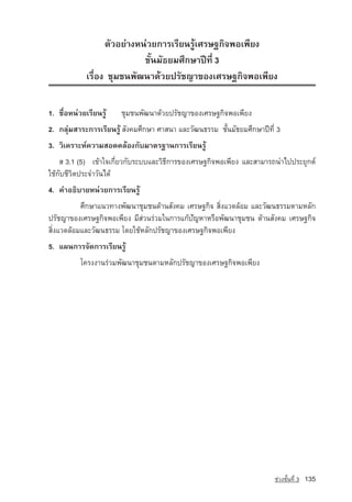 µÑÇÍÂ‡Ò§Ë¹‡ÇÂ¡ÒÃàÃÕÂ¹ÃÙˆàÈÃÉ°¡Ô¨¾Íà¾ÕÂ§
                            ªÑé¹ÁÑ¸ÂÁÈÖ¡ÉÒ»Ü·Õè 3
            àÃ×èÍ§ ªØÁª¹¾Ñ²¹Ò´ˆÇÂปรัชญา¢Í§àÈÃÉ°¡Ô¨¾Íà¾ÕÂ§


1. ª×èÍË¹‡ÇÂàÃÕÂ¹ÃÙˆ 	 ªØÁª¹¾Ñ²¹Ò´ˆÇÂปรัชญา¢Í§àÈÃÉ°¡Ô¨¾Íà¾ÕÂ§
2. ¡ÅØ‡ÁÊÒÃÐ¡ÒÃàÃÕÂ¹ÃÙˆ ÊÑ§¤ÁÈÖ¡ÉÒ ÈÒÊ¹Ò áÅÐÇÑ²¹¸ÃÃÁ ªÑé¹ÁÑ¸ÂÁÈÖ¡ÉÒ»Ü·Õè 3
3. ÇÔà¤ÃÒÐË‹¤ÇÒÁÊÍ´¤ÅˆÍ§¡ÑºÁÒµÃ°Ò¹¡ÒÃàÃÕÂ¹ÃÙˆ
    Ê 3.1 (5) เขาใจเกี่ยวกับระบบและวิธีการของเศรษฐกิจพอเพียง และสามารถนำไปประยุกต
ใชกับชีวิตประจำวันได
4. ¤ÓÍ¸ÔºÒÂË¹‡ÇÂ¡ÒÃàÃÕÂ¹ÃÙˆ
           ÈÖ¡ÉÒá¹Ç·Ò§¾Ñ²¹ÒªØÁª¹´ˆÒ¹สังคม เศรษฐกิจ ÊÔè§áÇ´ÅˆÍÁ áÅÐÇÑ²¹¸ÃÃÁµÒÁËÅÑก
ปรัชญา¢Í§àÈÃÉ°¡Ô¨¾Íà¾ÕÂ§ ÁÕÊ‡Ç¹Ã‡ÇÁã¹¡ÒÃá¡ˆปัญหาËÃ×Í¾Ñ²¹ÒªØÁª¹ ´ˆÒ¹ÊÑ§¤Á àÈÃÉ°¡Ô¨
ÊÔè§áÇ´ÅˆÍÁáÅÐÇÑ²¹¸ÃÃÁ â´ÂãªˆËÅÑ¡ปรัชญา¢Í§àÈÃÉ°¡Ô¨¾Íà¾ÕÂ§
5. á¼¹¡ÒÃ¨Ñ´¡ÒÃàÃÕÂ¹ÃÙˆ
          â¤Ã§งÒนรวม¾Ñ²¹ÒªØÁª¹µÒÁËÅÑ¡ปรัชญา¢Í§àÈÃÉ°¡Ô¨¾Íà¾ÕÂ§




                                                                        ª‡Ç§ªÑé¹·Õè 3   135
 