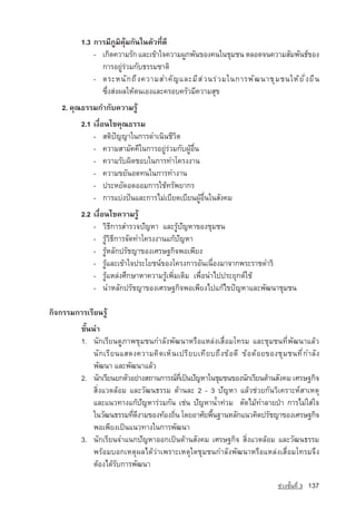 1.3 ¡ÒÃÁÕÀÙÁÔ¤ØˆÁ¡Ñ¹ã¹µÑÇ·Õè´Õ
              - à¡Ô´¤ÇÒÁÃÑ¡ áÅÐà¢ˆÒã¨¤ÇÒÁ¼Ù¡¾Ñ¹¢Í§¤¹ã¹ªØÁª¹ ตลอดจนความสัมพันธของ
                การอยูรวมกับธรรมชาติ
              - µÃÐË¹Ñ ¡ ¶Ö § ¤ÇÒÁสำคั ญ áÅÐÁÕ Ê ‡ Ç ¹Ã‡ Ç Áã¹¡ÒÃ¾Ñ ² ¹ÒªØ Á ª¹ใËˆ Â Ñ è § Â× ¹
                «Öè§Ê‡§¼ÅãËˆµ¹àÍ§áÅÐ¤ÃÍº¤ÃÑÇÁÕ¤ÇÒÁÊØ¢
    2. คุณธรรมกำกับความรู
          2.1 à§×èÍ¹ä¢¤Ø³¸ÃÃÁ
              - ÊµÔ»ญญÒในการดำเนินชีวิต
                      •­­
              - ¤ÇÒÁÊÒÁÑ¤¤Õในการอยูรวมกับผูอื่น
              - ¤ÇÒÁÃÑº¼Ô´ªÍºในการทำโครงงาน
              - ¤ÇÒÁ¢ÂÑ¹Í´·¹ในการทำงาน
              - »ÃÐËÂÑ´Í´ÍÍÁการใชทรัพยากร
              - ¡ÒÃáº‡§»•¹และการไมเบียดเบียนผูอื่นในสังคม
          2.2 à§×èÍ¹ä¢¤ÇÒÁÃÙˆ
              - ÇÔ¸Õ¡ÒÃÊÓÃÇ¨ปัญหา áÅÐÃÙˆปัญหา¢Í§ªØÁª¹
              - ÃÙˆÇÔ¸Õ¡ÒÃ¨Ñ´·Óâ¤Ã§§Ò¹á¡ˆปัญหา
              - ÃÙˆËÅÑ¡ปรัชญา¢Í§àÈÃÉ°¡Ô¨¾Íà¾ÕÂ§
              - ÃÙˆáÅÐà¢ˆÒã¨»ÃÐâÂª¹‹¢Í§â¤Ã§¡ÒÃÍÑ¹à¹×èÍ§ÁÒ¨Ò¡¾ÃÐÃÒª´ÓÃÔ
              - ÃÙˆáËÅ‡§ÈÖ¡ÉÒËÒ¤ÇÒÁÃÙˆà¾ÔèÁàµÔÁ à¾×èÍ¹Óä»»ÃÐÂØ¡µ‹ãªˆ
              - ¹ÓËÅÑ¡ปรัชญา¢Í§àÈÃÉ°¡Ô¨¾Íà¾ÕÂ§ä»á¡ˆä¢»•­ ËÒáÅÐ¾Ñ²¹ÒªØÁª¹
                                                             ญ

¡Ô¨¡ÃÃÁ¡ÒÃàÃÕÂ¹ÃÙˆ
          ¢Ñé¹¹Ó
          1. นักเรียนดูÀÒ¾ªØÁª¹กำลัง¾Ñ²¹ÒËÃ×ÍáËÅ‡§àÊ×èÍÁâ·ÃÁ áÅÐªØÁª¹·Õè¾Ñ²¹ÒáÅˆÇ
               ¹Ñ ¡ àÃÕ Â ¹áÊ´§¤ÇÒÁ¤Ô ´ àËç ¹ à»ÃÕ Â ºà·Õ Â º¶Ö § ¢ˆ Í ´Õ ¢ˆ Í ´ˆ Í Â¢Í§ªØ Á ª¹·Õ è ก ำลั ง
               ¾Ñ²¹Ò áÅÐ¾Ñ²¹Òแลว
          2. ¹Ñ¡àÃÕÂ¹Â¡µÑÇÍÂ‡Ò§Ê¶Ò¹¡ÒÃ³‹·àÕè »—¹ปัญหาã¹ªØÁª¹¢Í§¹Ñ¡àÃÕÂ¹´ˆÒ¹สังคม เศรษฐกิจ
               ÊÔè§áÇ´ÅˆÍÁ และÇÑ²¹¸ÃÃÁ ´ˆÒ¹ละ 2 - 3 ปัญหา áÅˆÇª‡ÇÂ¡Ñ¹ÇÔà¤ÃÒÐË‹ÊÒàËµØ
               áÅÐá¹Ç·Ò§á¡ˆปัญหาÃ‡ÇÁ¡Ñ¹ àª‡¹ ปัญหาน้ำ·‡ÇÁ µÑ´äÁˆ·ÓÅÒÂ»‚Ò ¡ÒÃäÁ‡ãÊ‡ã¨
               ã¹ÇÑ²¹¸ÃÃÁ·Õ´§ÒÁ¢Í§·ˆÍ§¶Ô¹ â´ÂÍÒÈÑÂ¾×¹°Ò¹ËÅÑ¡á¹Ç¤Ô´ปรัชญา¢Í§àÈÃÉ°¡Ô¨
                              è Õ            è              é
               ¾Íà¾ÕÂ§à»—¹á¹Ç·Ò§ã¹¡ÒÃ¾Ñ²¹Ò
          3. ¹Ñ¡àÃÕÂ¹¨Óá¹¡ปัญหาÍÍ¡à»—¹´ˆÒ¹สังคม เศรษฐกิจ ÊÔè§áÇ´ÅˆÍÁ และÇÑ²¹¸ÃÃÁ
               ¾ÃˆÍÁºÍ¡àËµØ¼Åä´ˆÇ‡ÒเพราะเหตุใดªØÁª¹กำลัง¾Ñ²¹ÒËÃ×ÍáËÅ‡§àÊ×èÍÁâ·ÃÁ¨Ö§
               µˆÍ§ä´ˆÃÑº¡ÒÃ¾Ñ²¹Ò

                                                                                          ª‡Ç§ªÑé¹·Õè 3   137
 