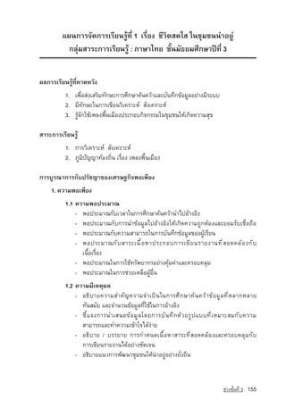 á¼¹¡ÒÃ¨Ñ´¡ÒÃàÃÕÂ¹ÃÙˆ·Õè 1 àÃ×èÍ§ ªÕÇÔµÊ´ãÊ ã¹ªØÁª¹¹‡ÒÍÂÙ‡
           ¡ÅØ‡ÁÊÒÃÐ¡ÒÃàÃÕÂ¹ÃÙˆ : ÀÒÉÒä·Â ªÑé¹ÁÑ¸ÂÁÈÖ¡ÉÒ»Ü·Õè 3


¼Å¡ÒÃàÃÕÂ¹ÃÙˆ·Õè¤Ò´ËÇÑ§
          1. à¾×èÍÊ‡§àÊÃÔÁ·Ñ¡ÉÐ¡ÒÃÈÖ¡ÉÒ¤ˆ¹¤ÇˆÒáÅÐºÑ¹·Ö¡¢ˆÍÁÙÅÍÂ‡Ò§ÁÕÃÐºº
          2. ÁÕ·Ñ¡ÉÐã¹¡ÒÃà¢ÕÂ¹ÇÔà¤ÃÒÐË‹ ÊÑ§à¤ÃÒÐË‹
          3. ÃÙˆ¨Ñ¡ãªˆà¾Å§¾×é¹àÁ×Í§»ÃÐ¡Íº¡Ô¨¡ÃÃÁã¹ªØÁª¹ãËˆà¡Ô´¤ÇÒÁÊØ¢

ÊÒÃÐ¡ÒÃàÃÕÂ¹ÃÙˆ
          1. ¡ÒÃÇÔà¤ÃÒÐË‹ ÊÑ§à¤ÃÒÐË‹
          2. ÀÙÁÔปัญญา·ˆÍ§¶Ôè¹ àÃ×èÍ§ à¾Å§¾×é¹àÁ×Í§

¡ÒÃºÙÃ³Ò¡ÒÃ¡ÑºปรัชญาของàÈÃÉ°¡Ô¨¾Íà¾ÕÂ§
    1. ความพอเพียง
          1.1 ¤ÇÒÁ¾Í»ÃÐÁÒ³
              - ¾Í»ÃÐÁÒ³¡ÑºàÇÅÒã¹¡ÒÃÈÖ¡ÉÒ¤ˆ¹¤ÇˆÒ¹Óä»ÍˆÒ§ÍÔ§
              - ¾Í»ÃÐÁÒ³¡Ñº¡ÒÃ¹Ó¢ˆÍÁÙÅä»ÍˆÒ§ÍÔ§ãËˆà¡Ô´¤ÇÒÁ¶Ù¡µˆÍ§áÅÐÂÍÁÃÑºàª×èÍ¶×Í
              - ¾Í»ÃÐÁÒ³¡Ñº¤ÇÒÁÊÒÁÒÃ¶ã¹¡ÒÃºÑ¹·Ö¡¢ˆÍÁÙÅ¢Í§¼ÙˆàÃÕÂ¹
              - ¾Í»ÃÐÁÒ³¡Ñ º ÊÒÃÐà¹× é Í ËÒ»ÃÐ¡Íº¡ÒÃà¢Õ Â ¹ÃÒÂ§Ò¹·Õ è Ê Í´¤Åˆ Í §¡Ñ º
                à¹×éÍàÃ×èÍ§
              - ¾Í»ÃÐÁÒ³ã¹¡ÒÃãªˆ·ÃÑ¾ÂÒ¡ÃÍÂ‡Ò§¤ØˆÁ¤‡ÒáÅÐ¤ÃÍº¤ÅØÁ
              - ¾Í»ÃÐÁÒ³ã¹¡ÒÃª‡ÇÂàËÅ×Í¼ÙˆÍ×è¹
          1.2 ¤ÇÒÁÁÕàËµØ¼Å
              - Í¸Ô º ÒÂ¤ÇÒÁสำคั ญ ¤ÇÒÁ¨Óà»— ¹ ã¹¡ÒÃÈÖ ¡ ÉÒ¤ˆ ¹ ¤Çˆ Ò ¢ˆ Í ÁÙ Å ·Õ è Ë ÅÒ¡ËÅÒÂ
                ·Ñ¹ÊÁÑÂ áÅÐ¨Ó¹Ç¹¢ˆÍÁÙÅ·Õèãªˆã¹¡ÒÃÍˆÒ§ÍÔ§
              - ªÕ é á ¨§¡ÒÃ¹ÓàÊ¹Í¢ˆ Í ÁÙ Å â´Â¡ÒÃºÑ ¹ ·Ö ¡ ´ˆ Ç ÂÃÙ » áºº·Õ è à ËÁÒÐÊÁ¡Ñ º ¤ÇÒÁ
                ÊÒÁÒÃ¶และทำความเขาใจไดงาย
              - Í¸ÔºÒÂ / ºÃÃÂÒÂ ¡ÒÃ¡ÓË¹´à¹×éÍËÒÊÒÃÐ·ÕèÊÍ´¤ÅˆÍ§áÅÐ¤ÃÍº¤ÅØÁ¡Ñº
                ¡ÒÃà¢ÕÂ¹ÃÒÂ§Ò¹ไดอยางชัดเจน
              - Í¸ÔºÒÂá¹Ç¡ÒÃ¾Ñ²¹ÒªØÁª¹ãËˆ¹‡ÒÍÂÙ‡อยางยั่งยืน



                                                                                 ª‡Ç§ªÑé¹·Õè 3   155
 