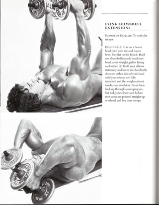LYING DUMBBELL
EXTENSIONS

PURPOSE OF EXERCISE: To work the
triceps.


EXECUTION: 1) Lie on a bench,
              (
head even with the end, knees
bent, feet flat on the bench. Hold
one dumbbell in each hand over-
head, anTISstraight, palms facing
each other. (2) Hold your elbows
stationary and lower the dumbbells
down on either side of your head
until your triceps are fully
stretched and the weights almost
touch your shoulders. Press them
back up through a sweeping arc,
but lock your elbows out before
your arms are pointed straight up
overhead and flex your triceps.




                                      II




                                     '1
 
