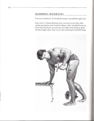 462



      DUMBBELL            KICKBACKS

      PURPOSEOF EXERCISE: o develop the triceps, especially the upper area.
                        T

      EXECUTION: 1) Stand with knees bent, one foot in front of the other,
               (
      putting one hand on a low bench for balance. Take a dumbbell in the op-
      posite hand, bend your arm and raise your elbow back and up to about
      shoulder height, elbow close to your side and letting the dumbbell hang




                                                                                l
 