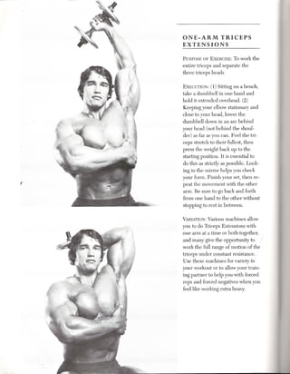 ONE-ARM    TRICEPS
EXTENSIONS

PURPOSEOF EXERCISE:To work the
entire triceps and separate the
three triceps heads.

EXECUTION: 1) Sitting on a bench,
            (
take a dumbbell in one hand and
hold it extended overhead. (2)
Keeping your elbow stationary and
close to your head, lower the
dumbbell down in an arc behind
your head (not behind the shoul-
der) as far as you can. Feel the tri-
ceps stretch to their fullest, then
press the weight back up to the
starting position. It is essential to
do this as strictly as possible. Look-
ing in the mirror helps you check
your form. Finish your set, then re-
peat the movement with the other
arm. Be sure to go back and forth
from one hand to the other without
stopping to rest in between.

VARIATION:
         Various machines allow
you to do Triceps Extensions with
one arm at a time or both together,       .
and many give the opportunity to
work the full range of motion of thy
                                          I
triceps under constant resistance. !  !
Use these machines for variety in!
your workout or to allow your train-
ing partner to help you with forced
reps and forced negatives when you
feel like working extra heavy.
 
