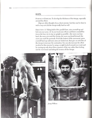466



      DIPS

      PURPOSEOF EXERCISE: o develop the thickness of the triceps, especially
                        T
      around the elbow.
          Dips are often thought of as a chest exercise, but they can be done in
      such a way as to hit the triceps really hard as well.

      EXECUTION: 1) Taking hold of the parallel bars, raise yourself up and
                    (
      lock out your arms. (2) As you bend your elbows and lower yourself be-
      tween the bars, try to stay as upright as possible-the  more you lean
      back, the more you work the biceps; the more you bend forward, the
      more you work the pectorals. From the bottom of the movement, press
      yourself back up until your arms are locked out, then give an extra flex of
      the triceps to increase the contraction. You can also increase the effort
      involved in this exercise by using a weight hooked around your waist and
      by coming up only about three-quarters of the way rather than locking
      out the movement and taking the tension off the triceps.




                        JusuP Wilkosz
 